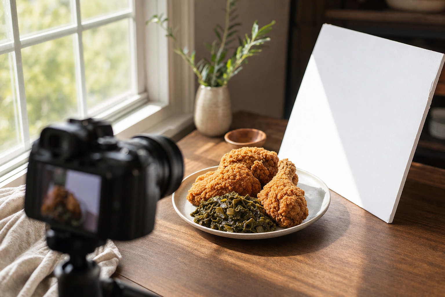 Soul food plate lit by soft window light with a white reflector card bouncing fill into the shadows