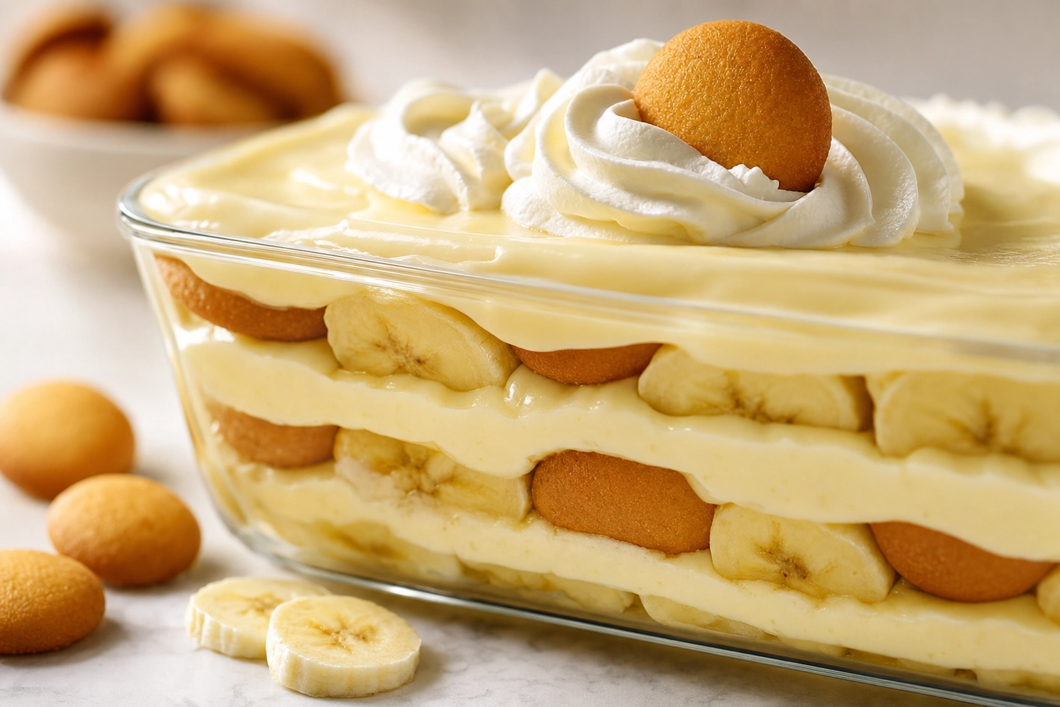 Macro of layered Southern banana pudding with vanilla wafers, banana slices and whipped cream in a glass dish