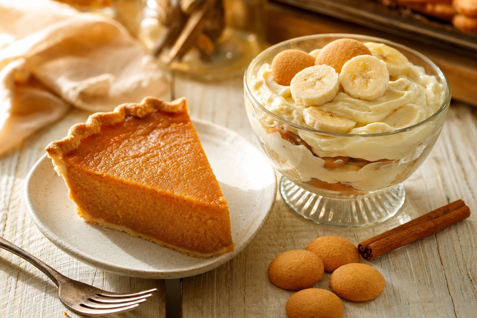 Slice of sweet potato pie beside a dish of banana pudding with vanilla wafers in warm afternoon light