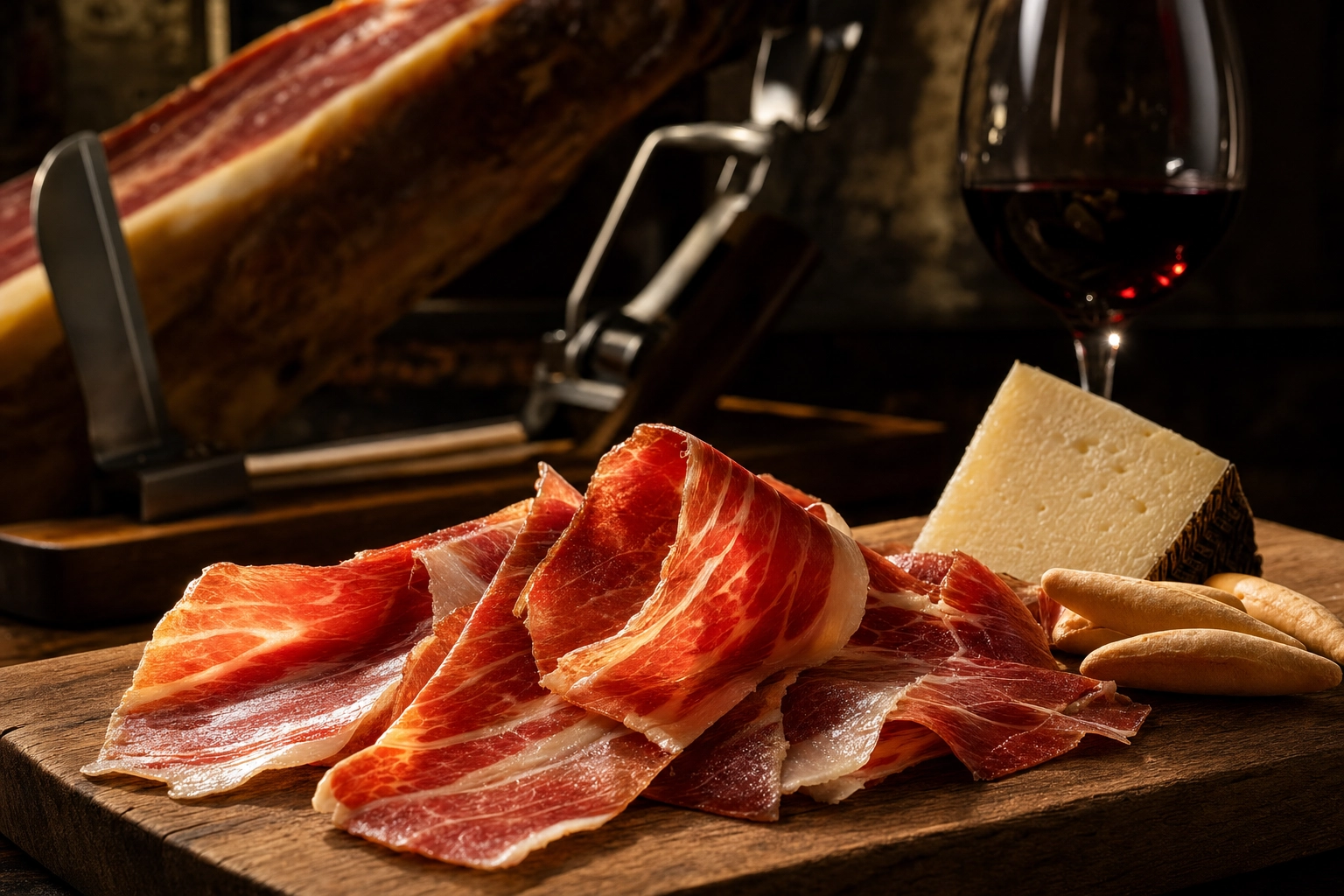 Backlit paper-thin jamon iberico slices showing ruby meat and ivory marbling on a board with Manchego and Rioja