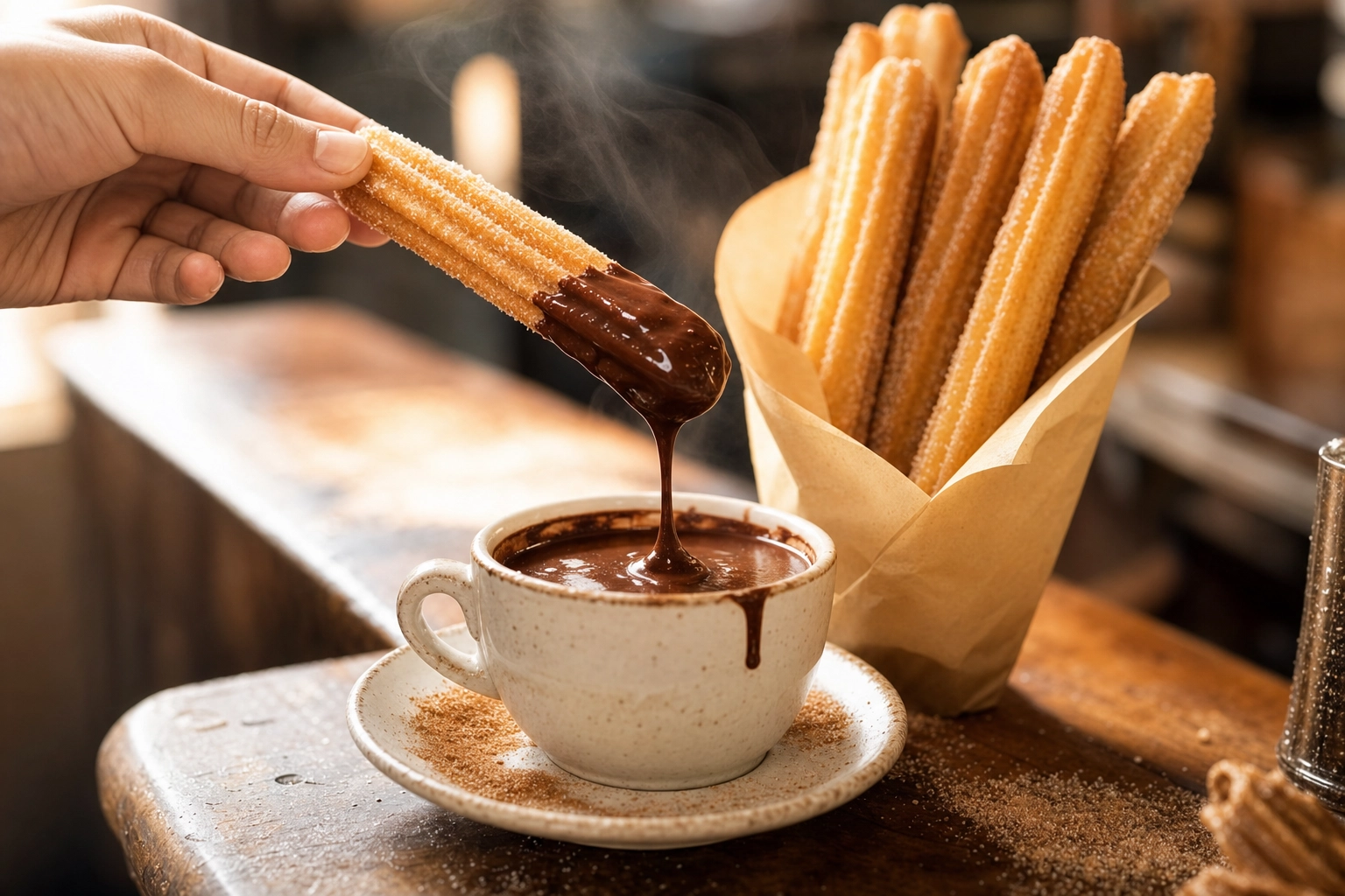 Hand dipping a sugar-dusted churro into thick hot chocolate with a chocolate drip, churros in a paper cone behind