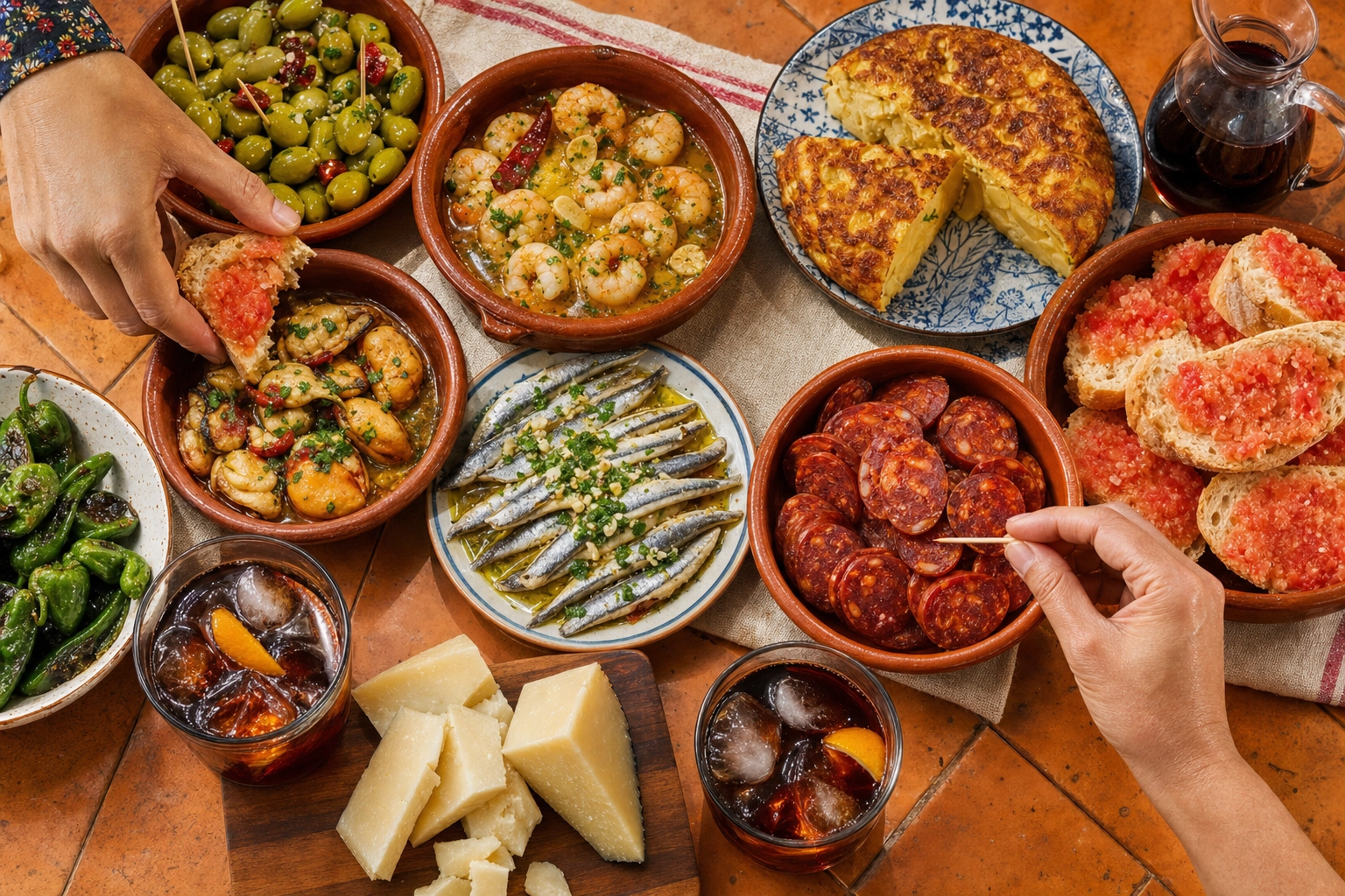 Overhead Spanish tapas spread with cazuelas of olives, garlic prawns, chorizo, tortilla and vermouth on a terracotta table