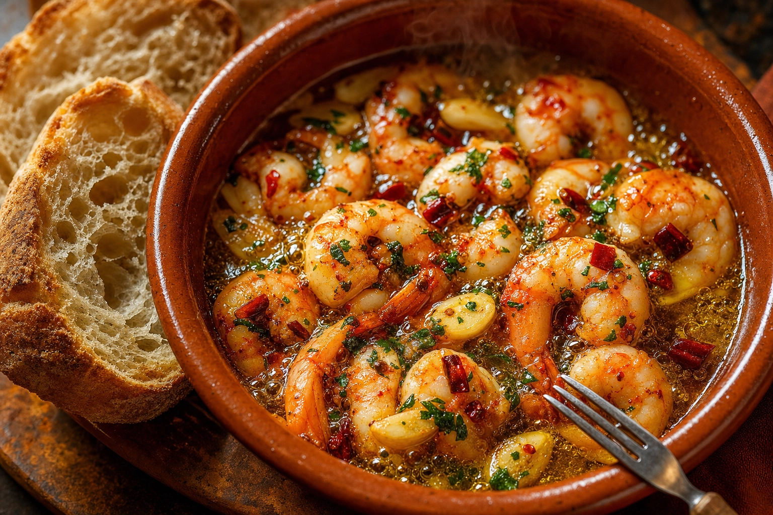 Overhead gambas al ajillo garlic prawns sizzling in olive oil with chili and parsley in a terracotta cazuela