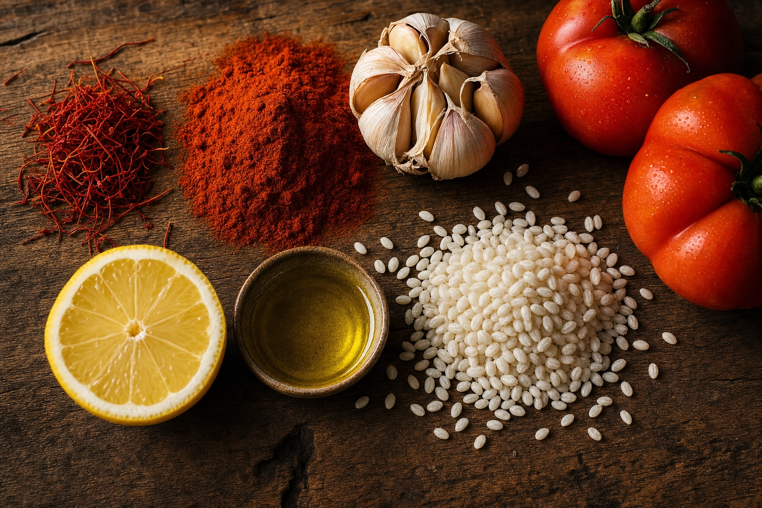 Overhead flat-lay of saffron threads, smoked paprika, garlic, tomatoes and Bomba rice for paella on weathered wood