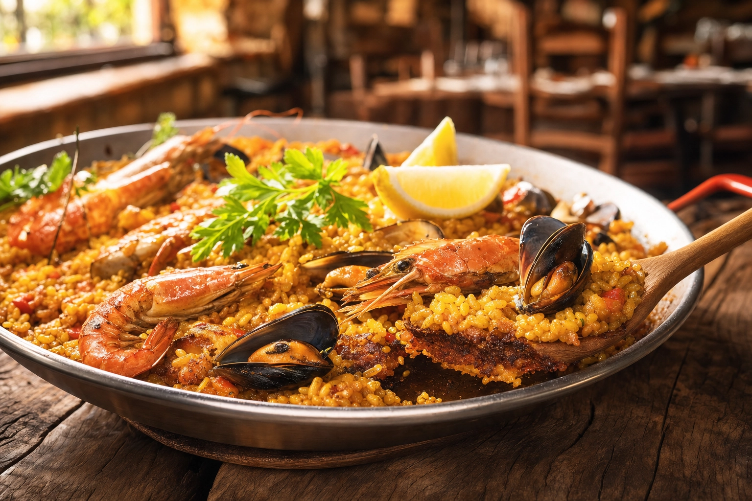 Angled paella shot with a wooden spoon lifting rice to reveal the crispy golden socarrat, menu-ready result in a restaurant
