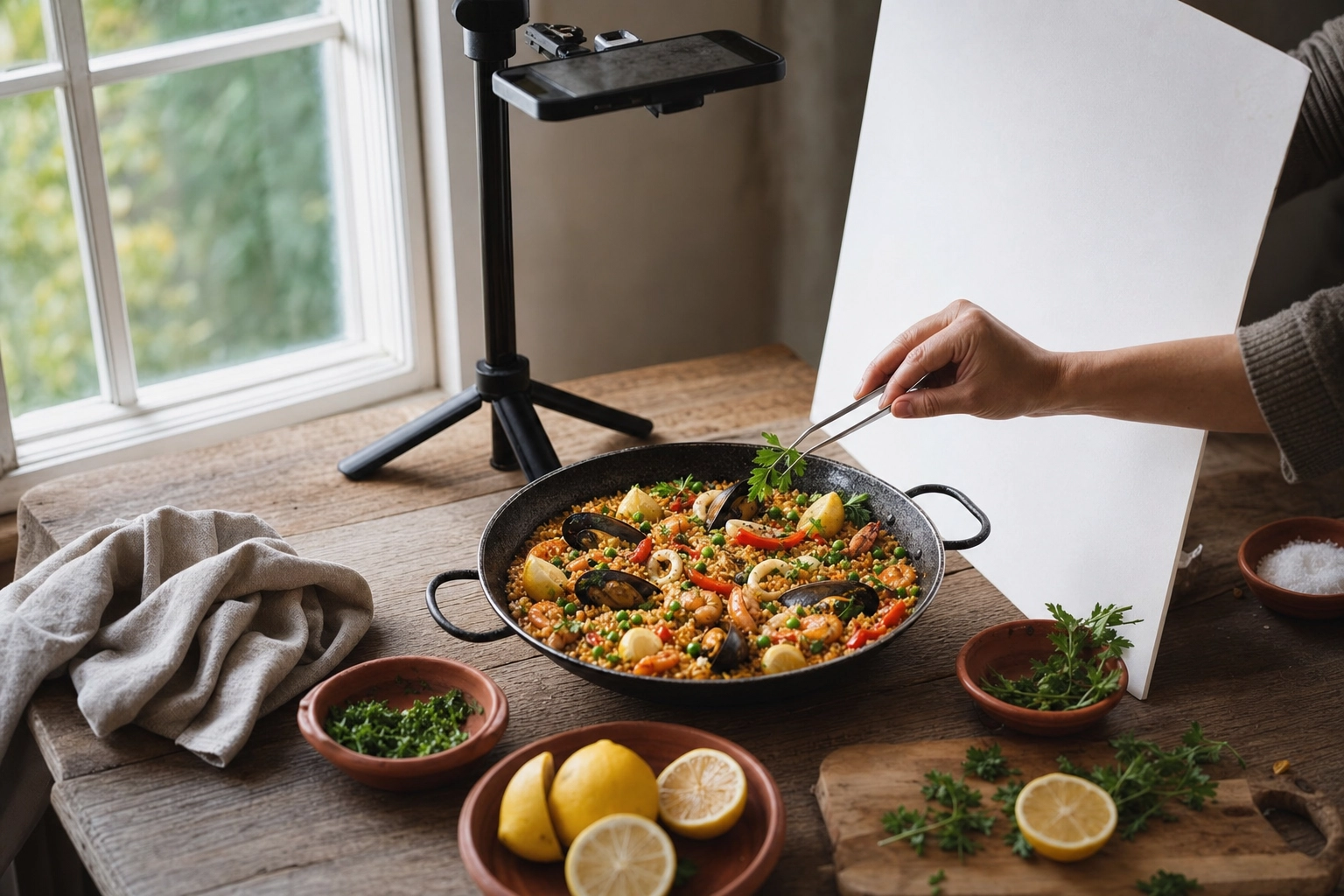 Food styling setup with window light, a white reflector and a phone on a tripod shooting down at a paella pan