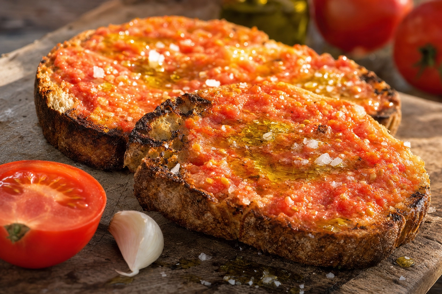 Close-up of pan con tomate, char-grilled bread rubbed with tomato and olive oil with flaky salt on a wooden board