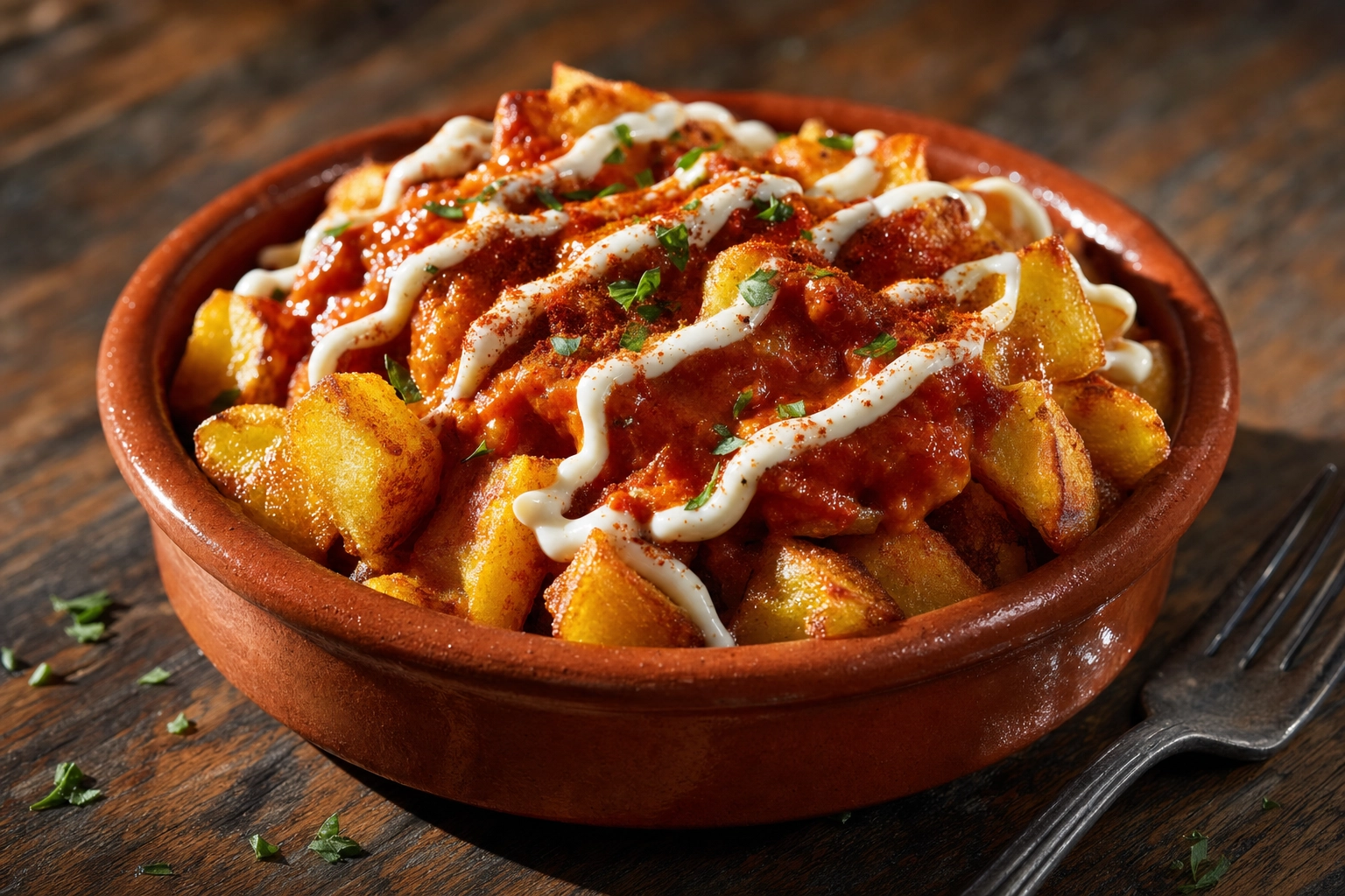 Close-up of patatas bravas in a terracotta cazuela with crispy potatoes, red bravas sauce and white garlic aioli
