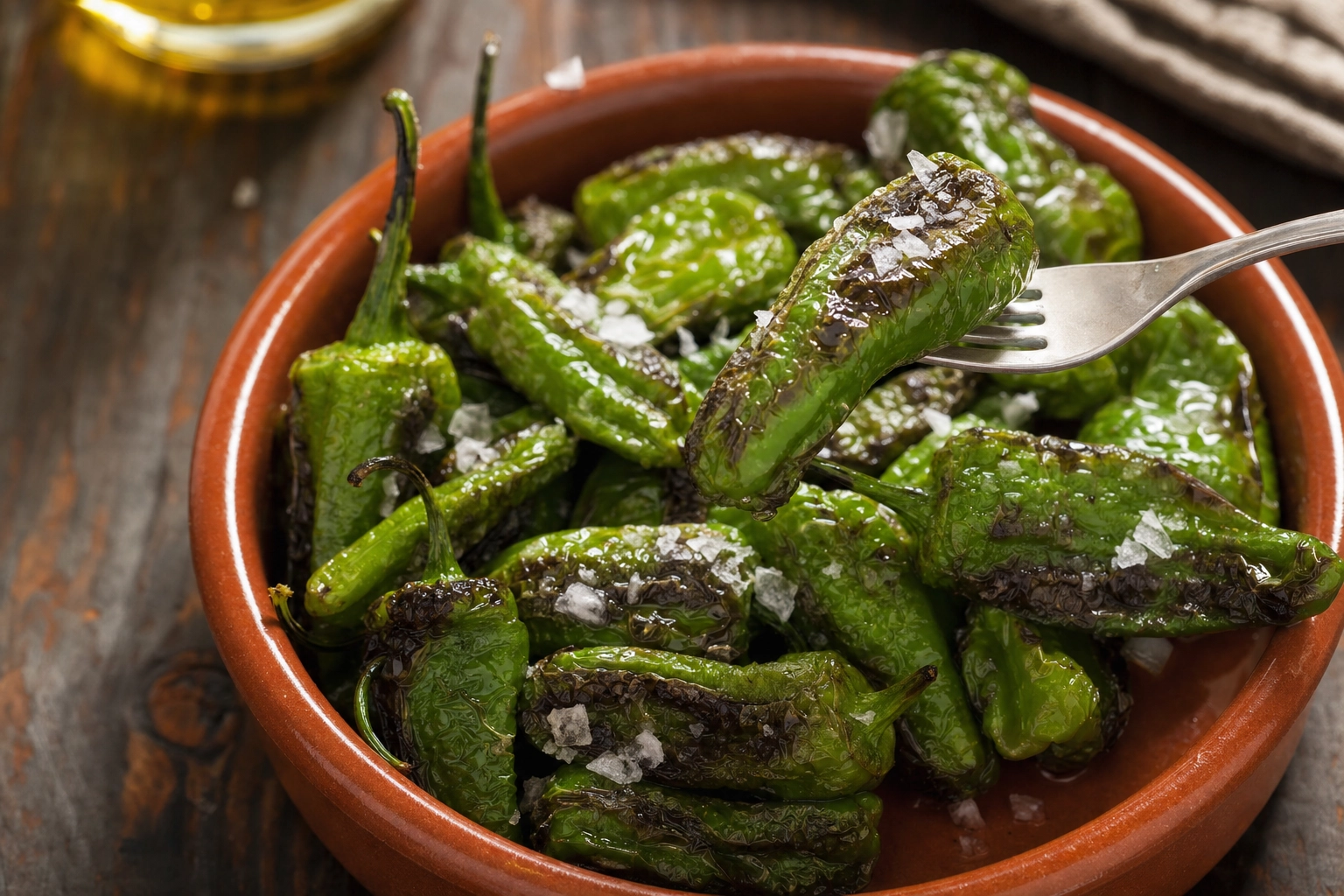 Close-up of blistered green pimientos de padron peppers with sea salt and olive oil in a terracotta dish