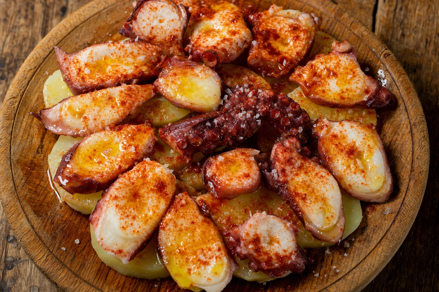 Overhead pulpo a la gallega octopus slices with paprika, sea salt and olive oil on a round wooden plate