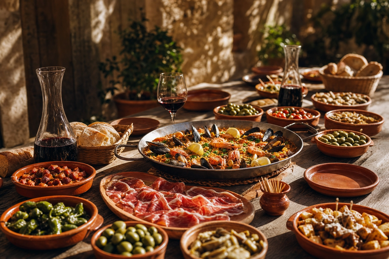 Long rustic table set with paella, tapas, a jamon board and red wine in one consistent warm Spanish style