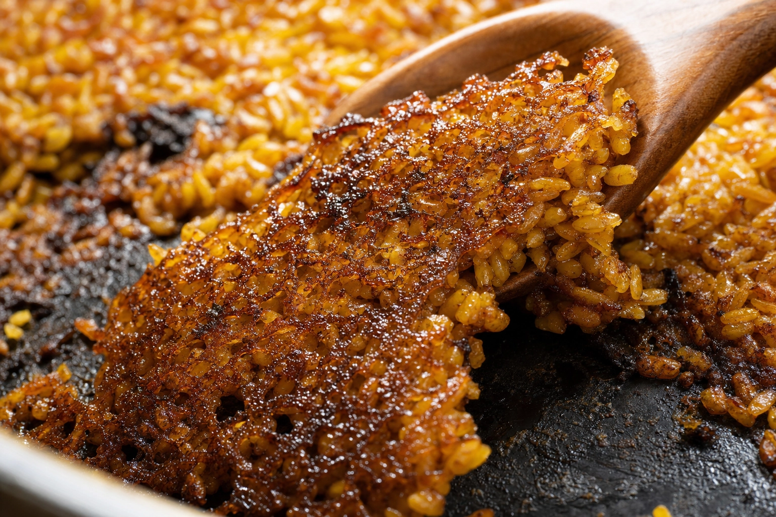 Macro close-up of crispy golden socarrat crust lifted on a wooden spoon from the bottom of a paella pan