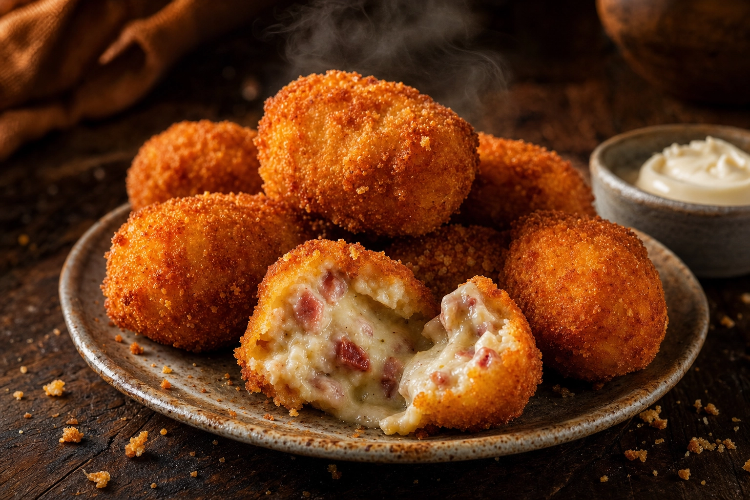 Golden Spanish croquetas with one broken open to show the creamy molten bechamel center on a rustic plate
