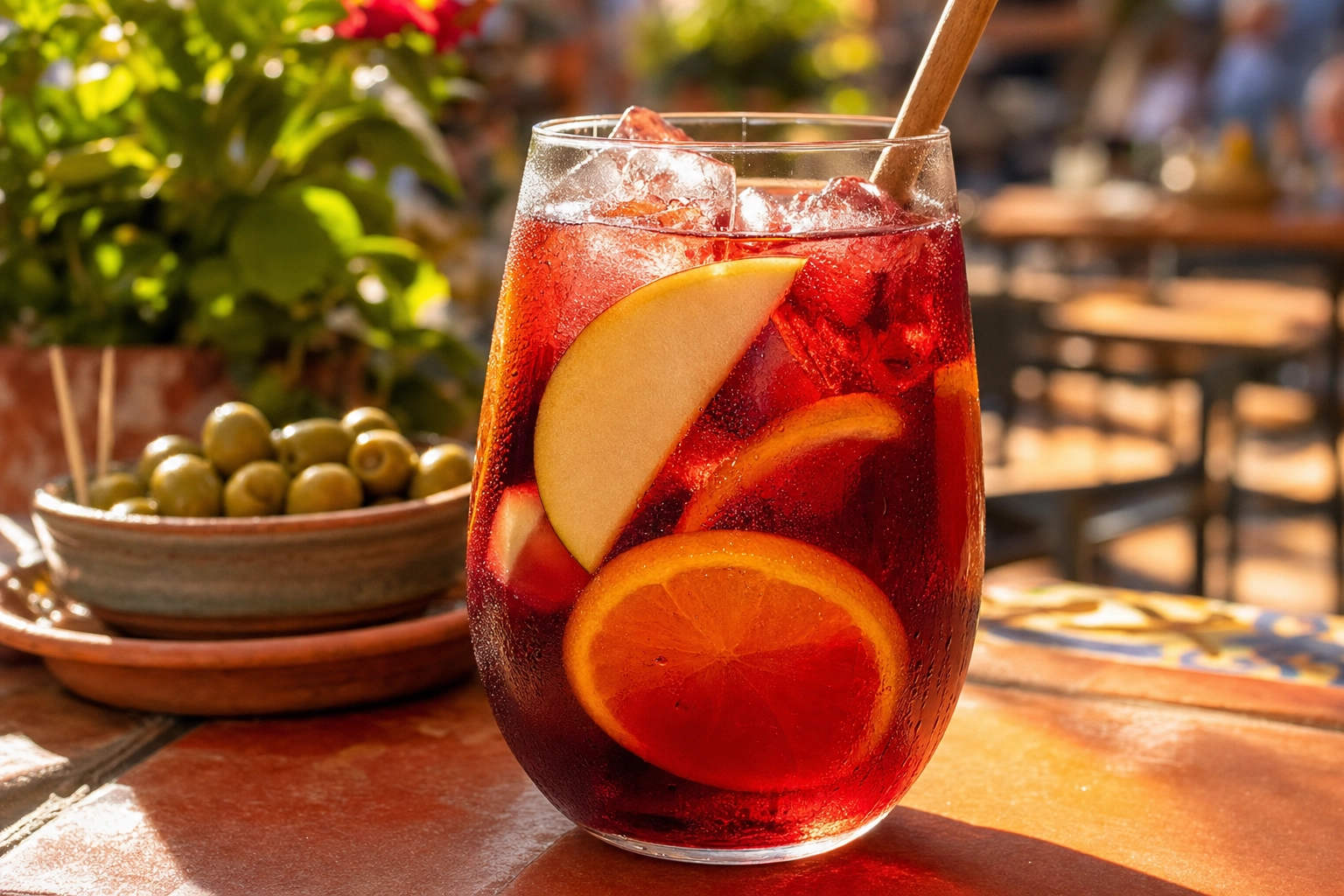 Glass of ruby-red Spanish sangria with citrus and ice glowing in the sun on a terracotta table beside olives