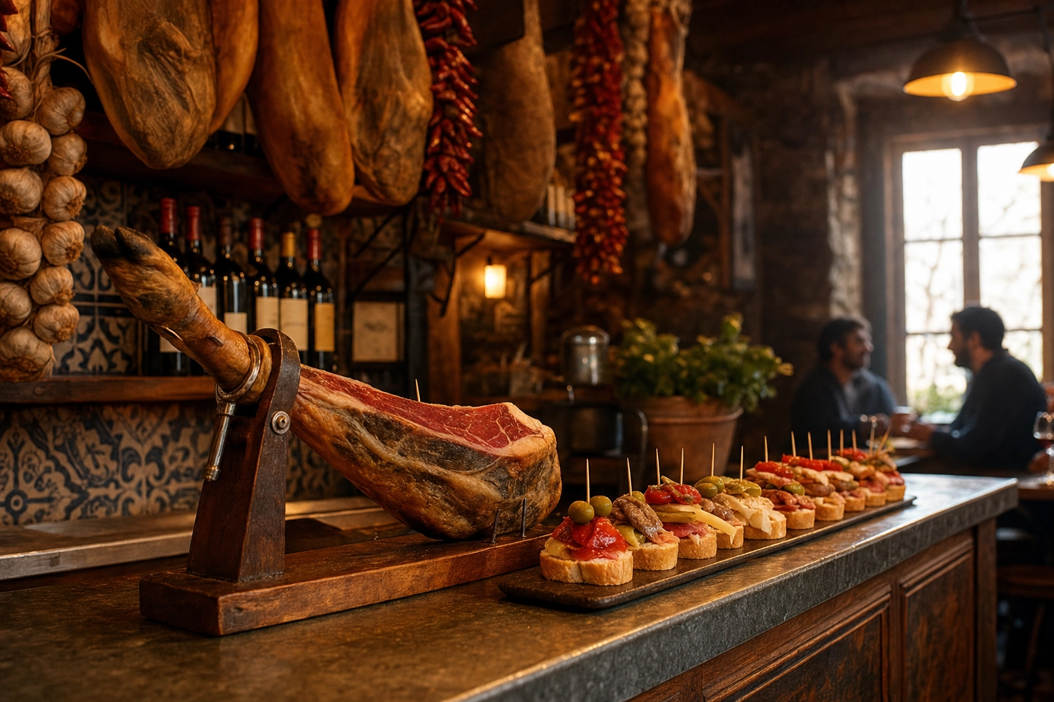 Traditional Spanish tapas bar interior with a jamon leg on a jamonero, a pintxos counter and hanging cured hams