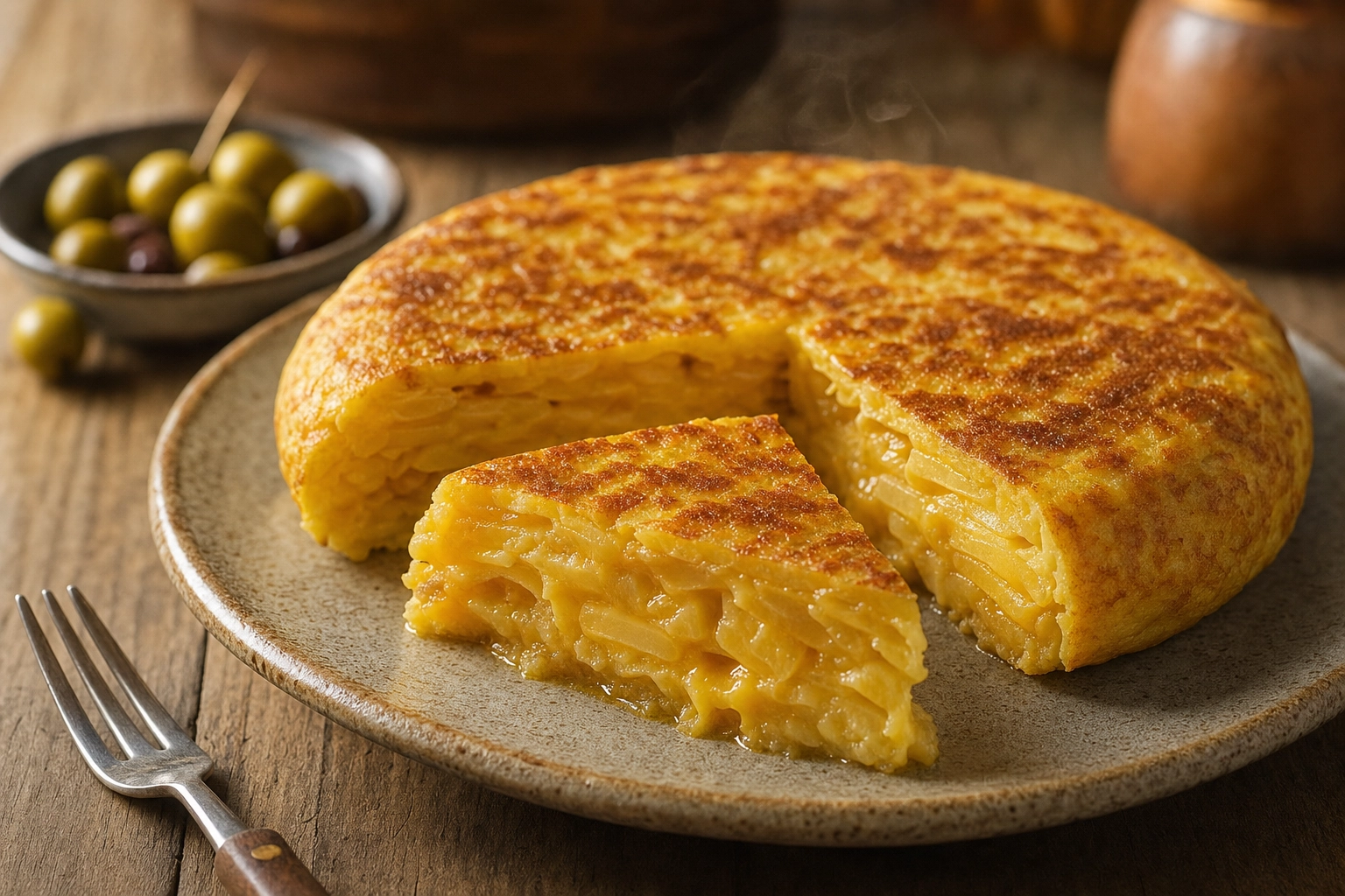 Close-up of a sliced Spanish tortilla espanola wedge showing layered potato and just-set egg on a rustic plate