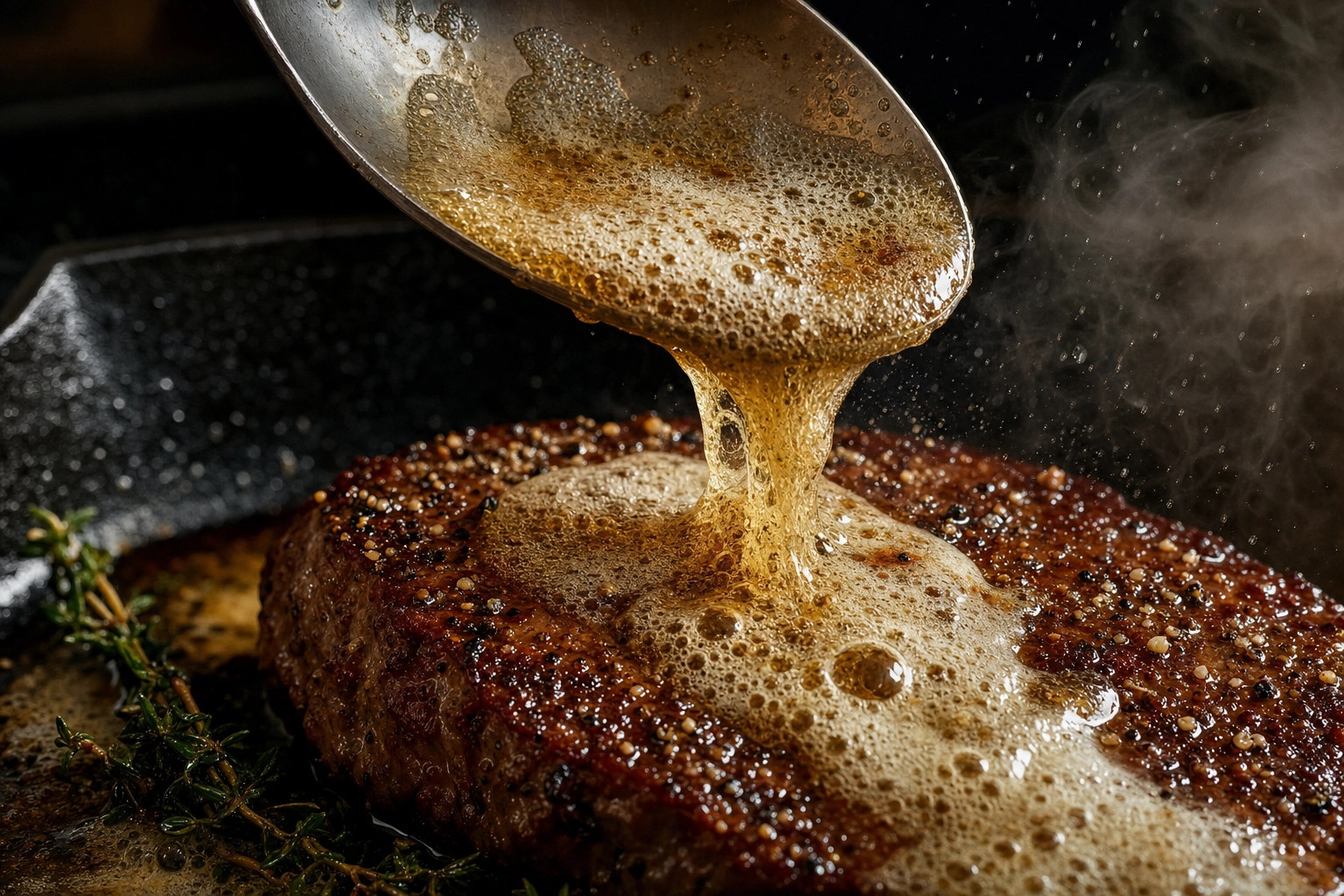 Macro close-up of foaming brown butter being basted from a silver spoon over a sizzling steak crust with visible thyme and pepper