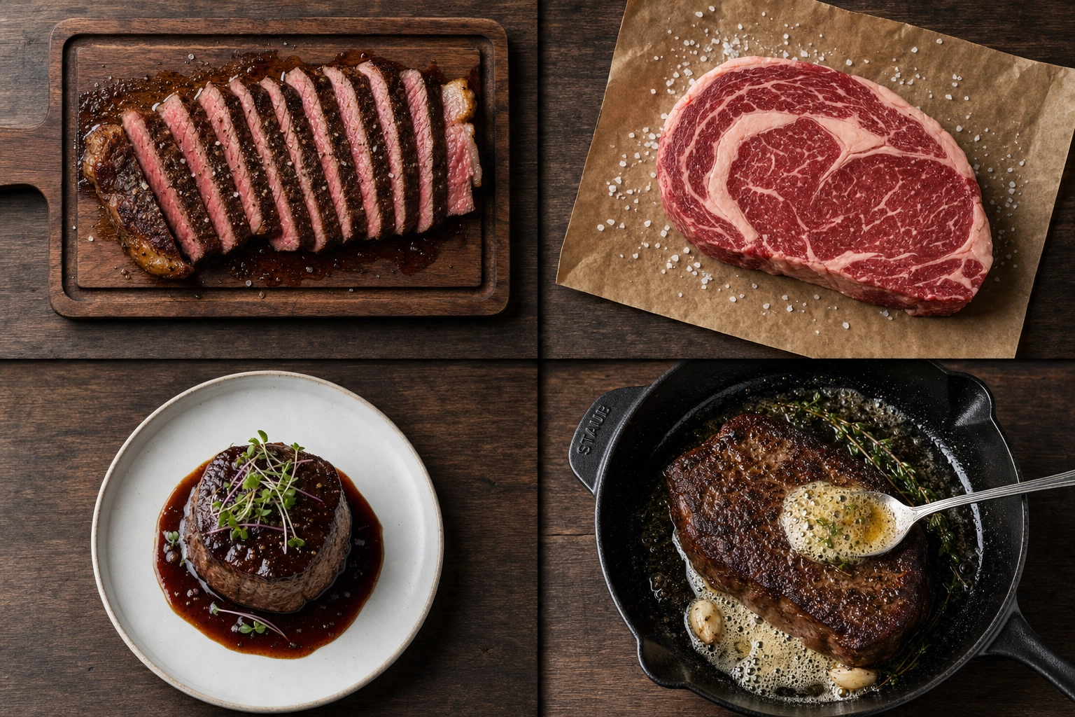 Four essential steak photography styles arranged overhead: sliced cross-section, raw marbled ribeye, plated filet, and butter-baste action