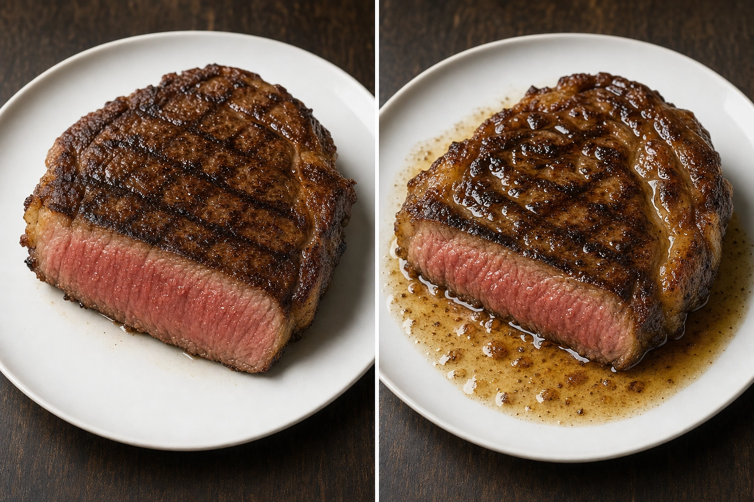 Side-by-side comparison of juicy versus greasy steak showing the difference between small scattered highlights and large pooled oil