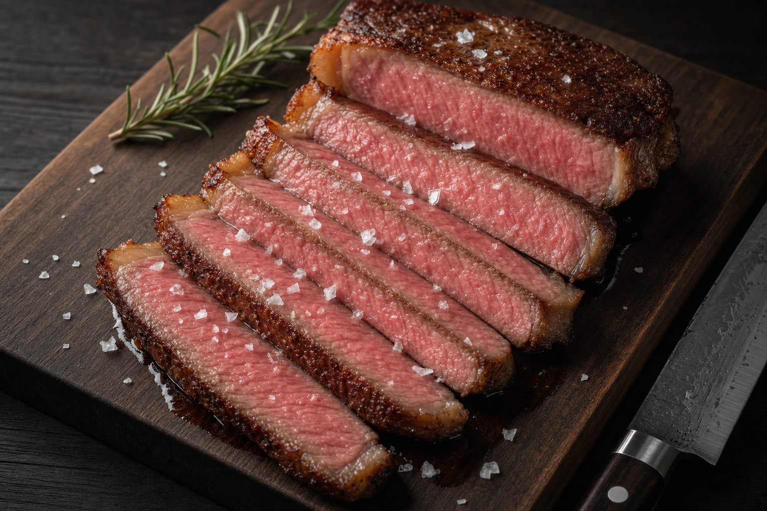Medium-rare NY strip sliced cross-section showing perfect edge-to-edge pink doneness gradient from reverse sear method with beaded juices