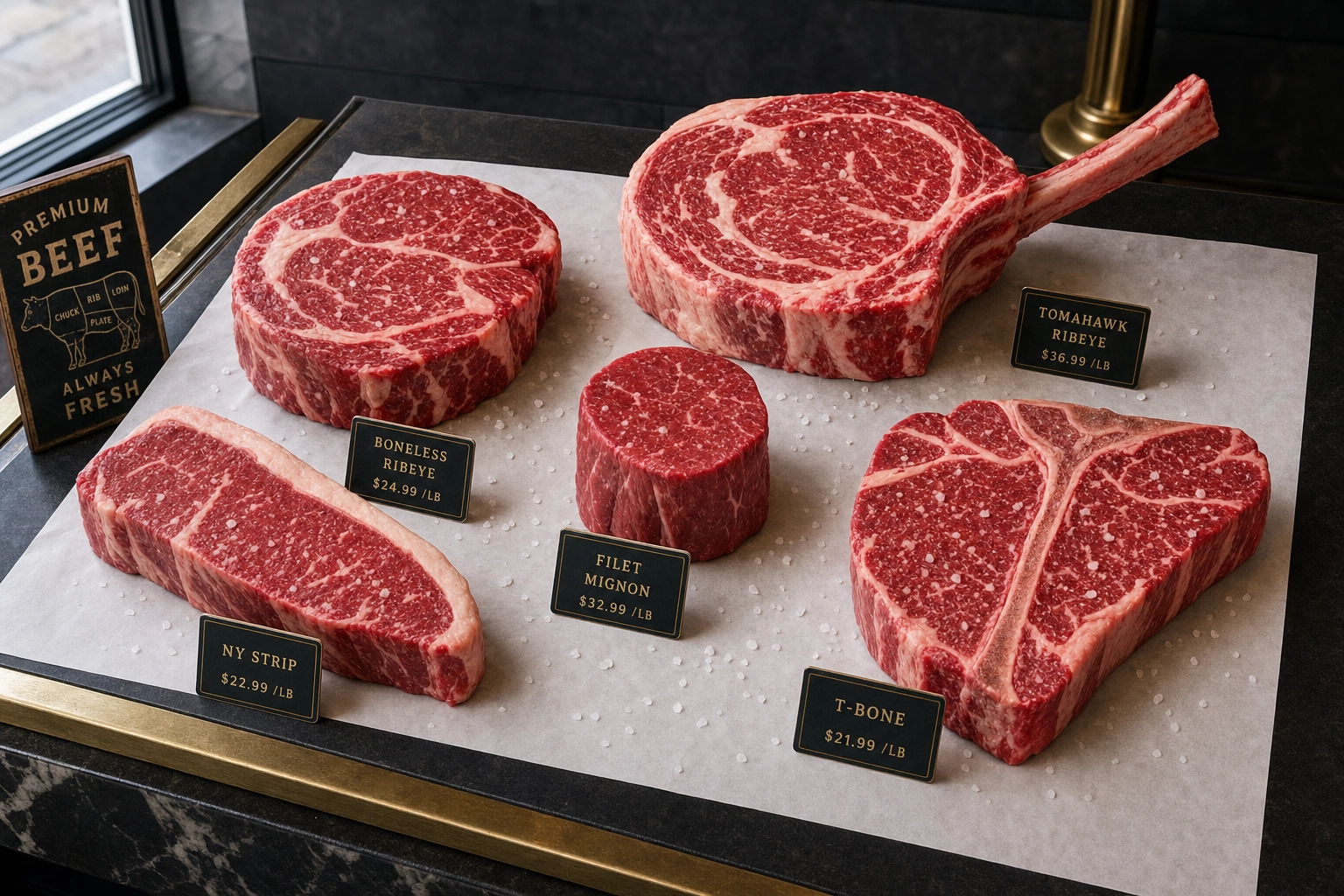 Five raw beef cuts arranged on butcher paper showing tomahawk, ribeye, filet mignon, NY strip and T-bone with visible marbling