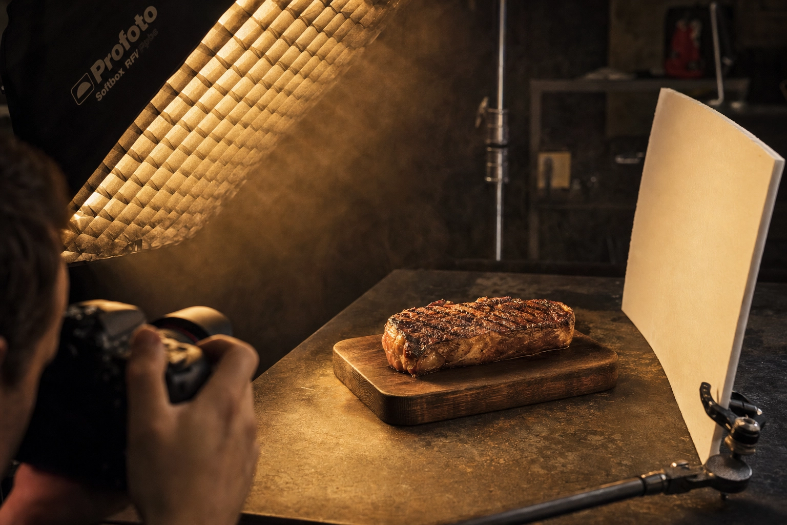 Side-back lighting setup at 10 o'clock position with softbox and white reflector card creating rim light on a NY strip steak