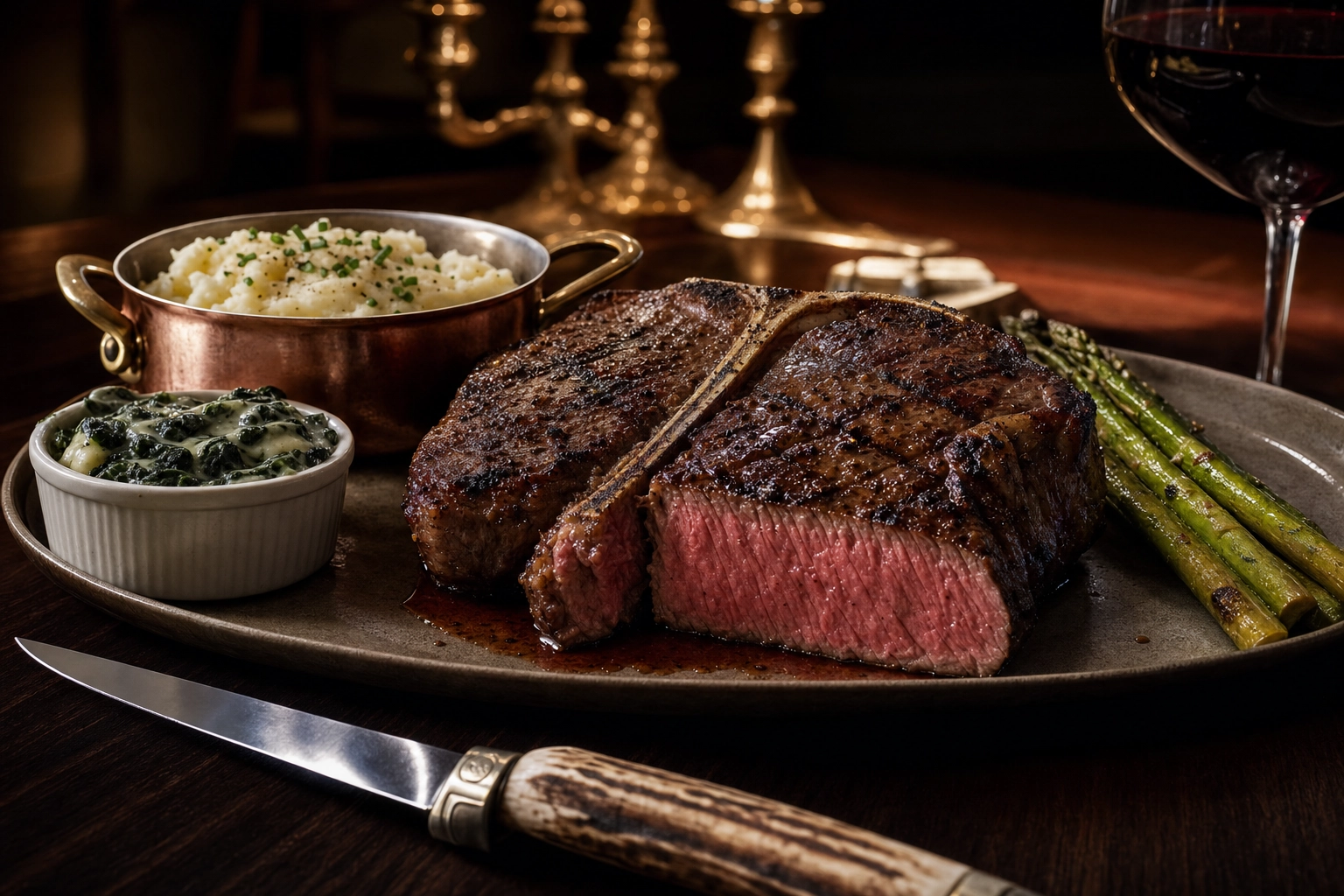 Plated porterhouse steakhouse scene with creamed spinach, mashed potatoes, asparagus and Bordeaux wine glass in moody chophouse lighting