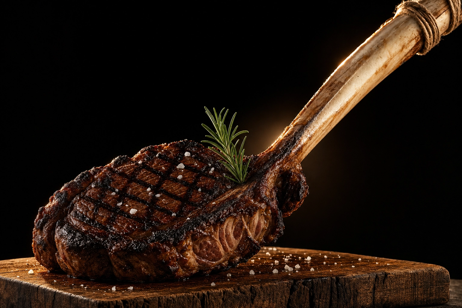 Massive 40-ounce tomahawk steak photographed from low angle with frenched bone diagonally across frame on rustic cutting board