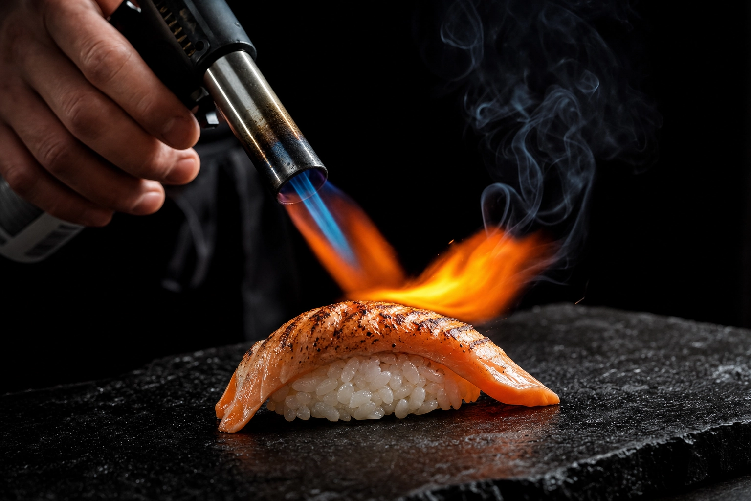 Chef torch-searing aburi salmon nigiri, flame caramelizing the fish against a dark dramatic background