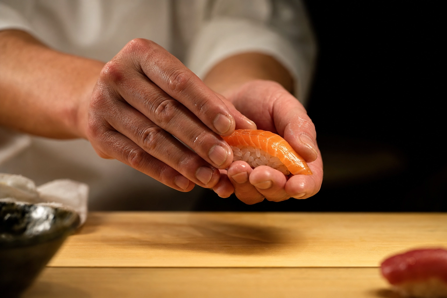 Sushi chef's hands pressing a slice of salmon onto vinegared rice to shape nigiri on a cedar counter
