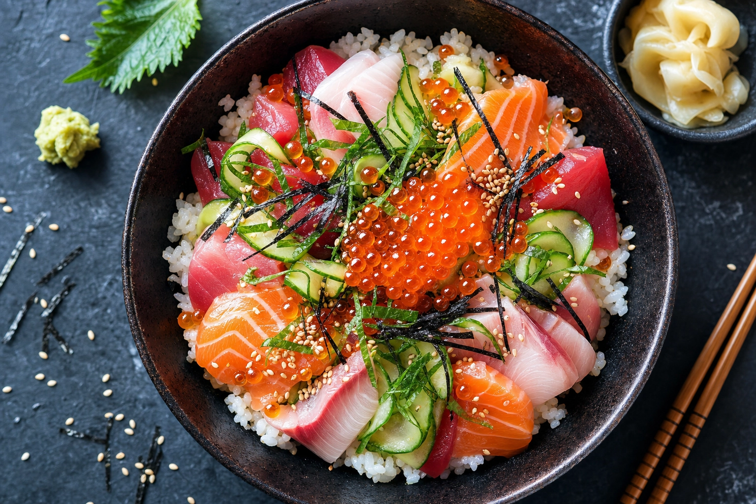 Overhead chirashi donburi bowl with scattered tuna, salmon, yellowtail and ikura roe over seasoned sushi rice