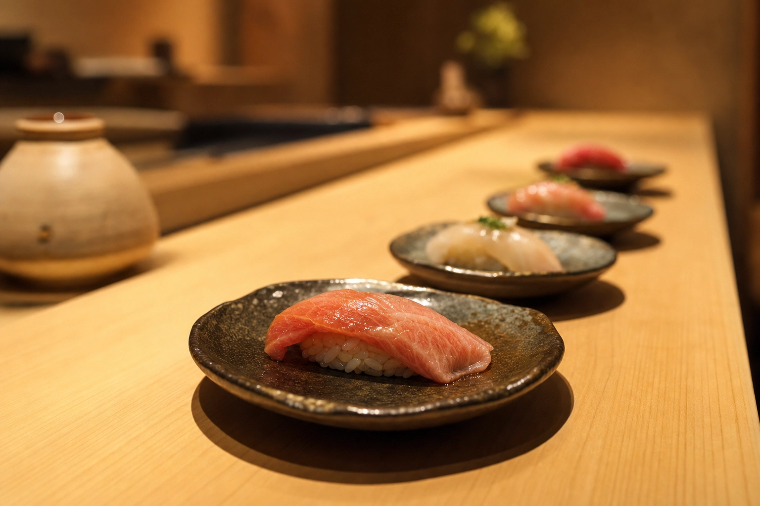 Omakase nigiri courses lined along a hinoki cedar counter under warm tungsten light, receding into soft focus