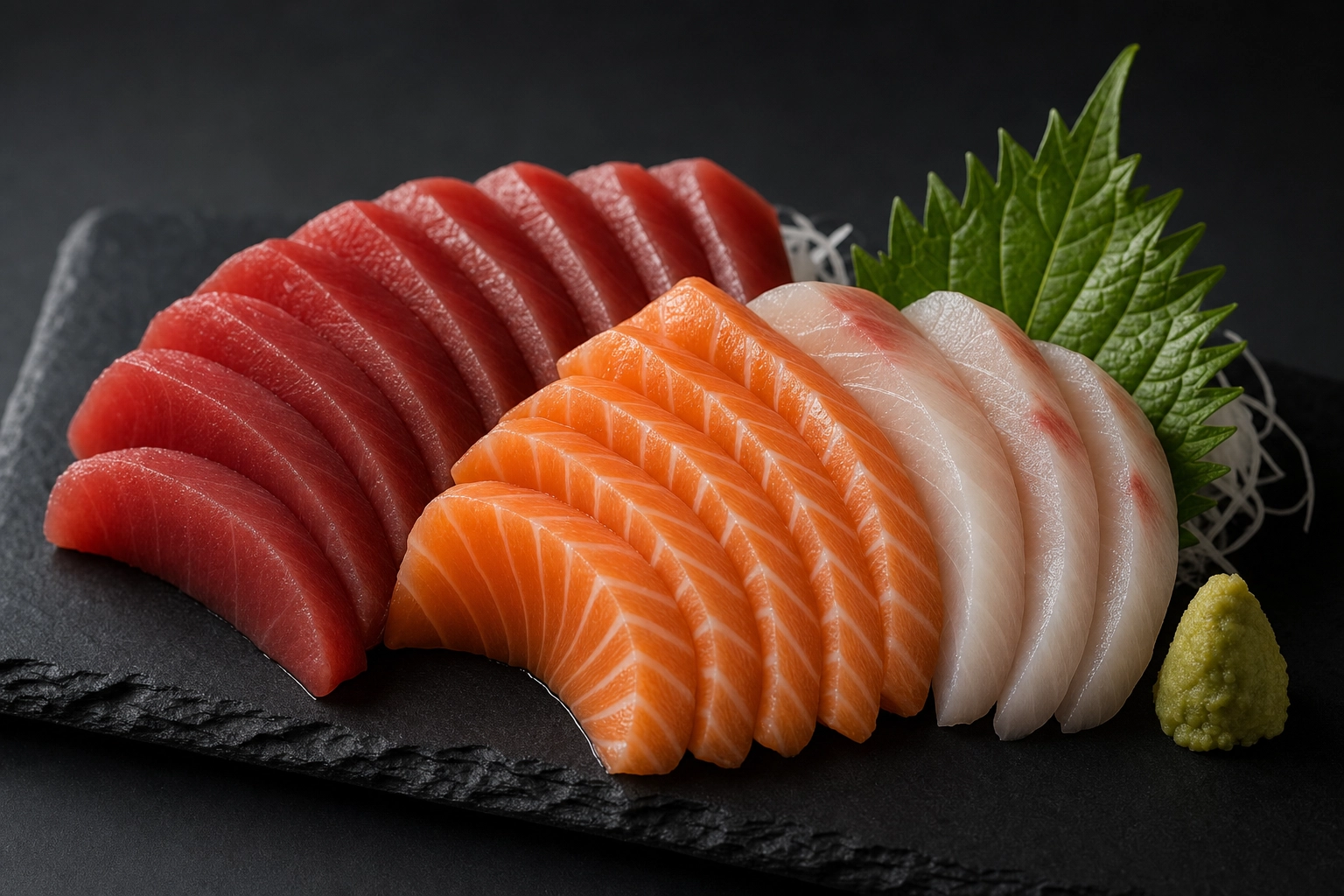 Fan of tuna, salmon and white fish sashimi slices on dark slate with shiso leaf and wasabi, cool lighting