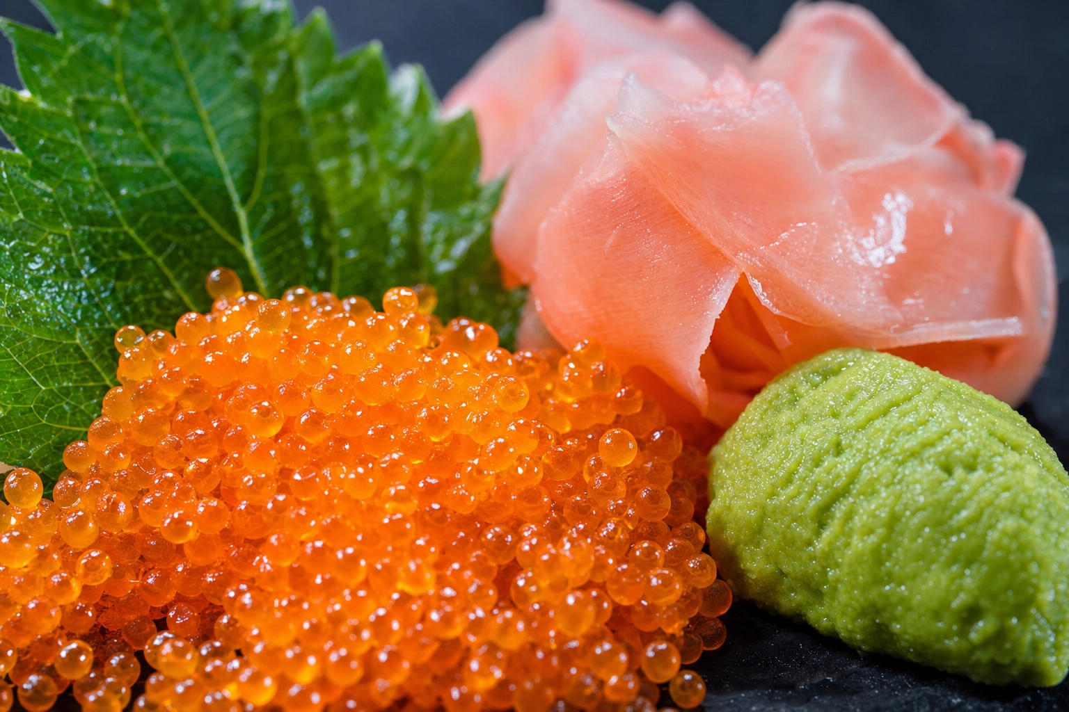 Macro close-up of sushi garnishes: glossy orange tobiko, pink pickled ginger, green wasabi, and shiso leaf