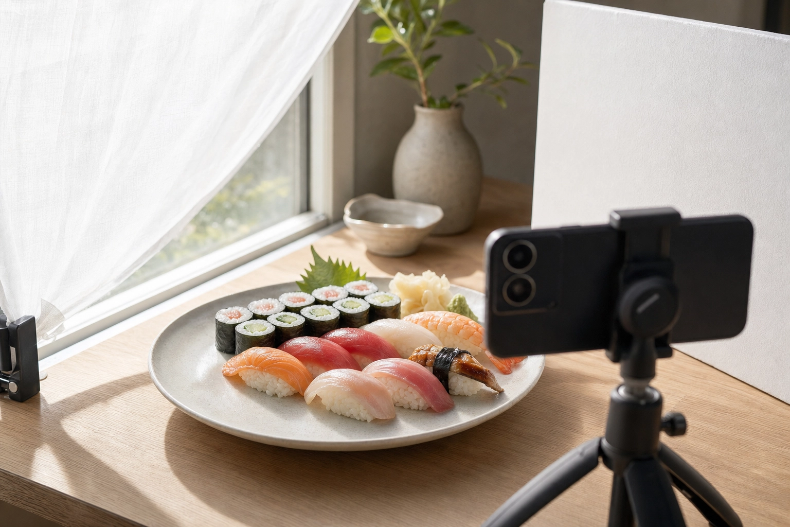 Sushi photography lighting setup with diffused window light, a white reflector, and a phone on a small tripod