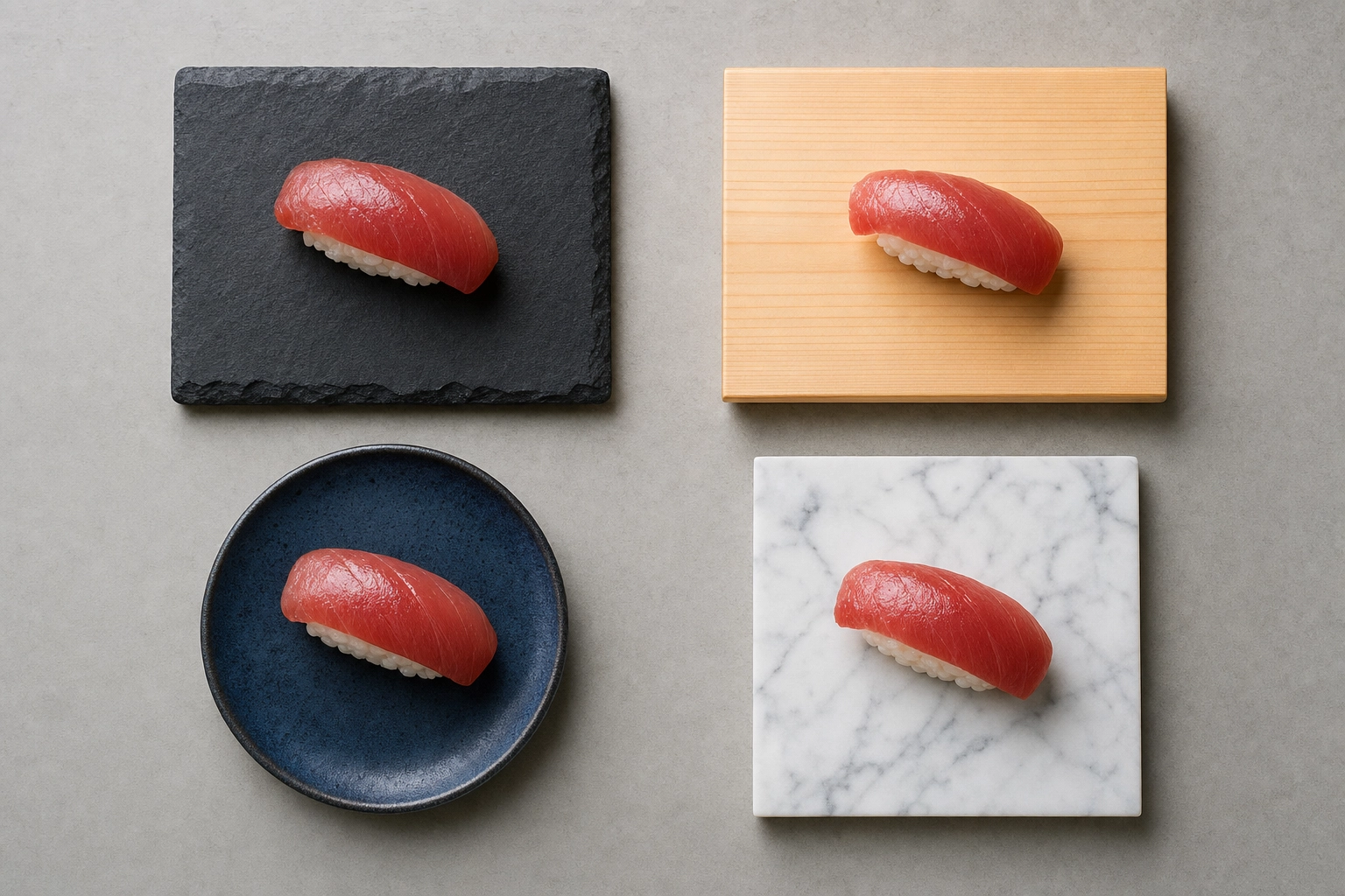 Overhead comparison of tuna nigiri on slate, cedar wood, matte ceramic, and marble sushi serving surfaces