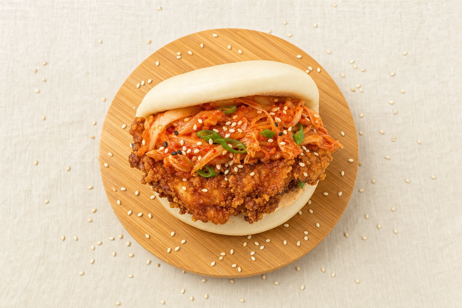 Delivery-app-optimized Korean fried chicken bao with kimchi styled for Uber Eats and MenuLog grids