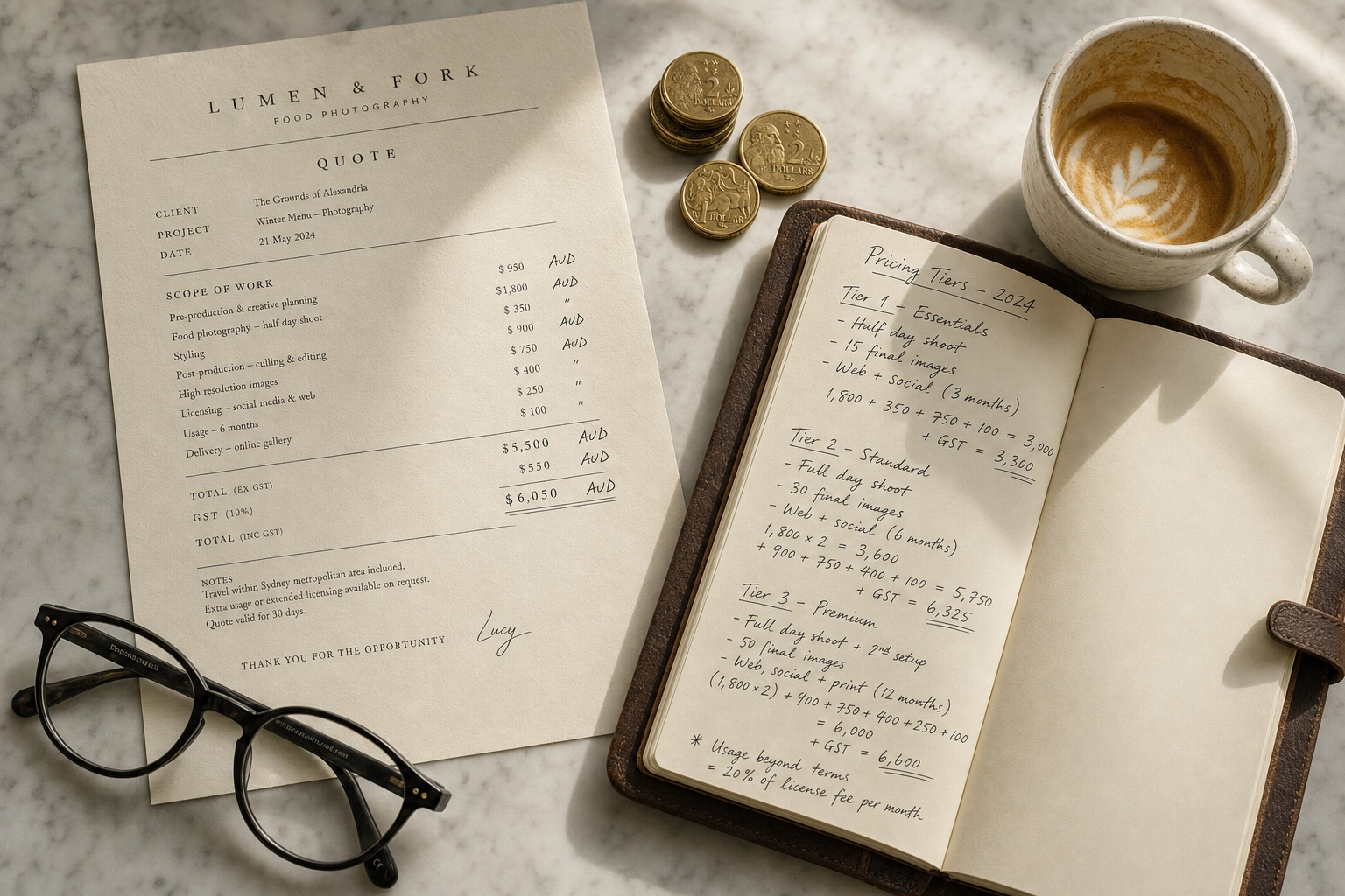 Overhead flat-lay of Sydney food photographer pricing materials with AUD coins, notebook, and flat white coffee