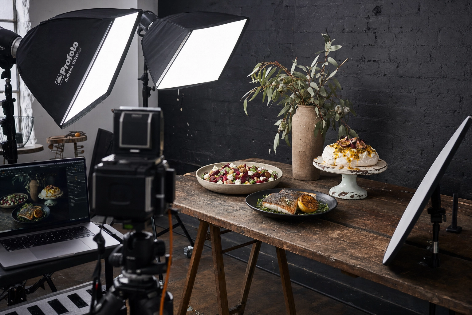 Professional Sydney food photography studio with three dishes lit by softboxes and tethered camera setup