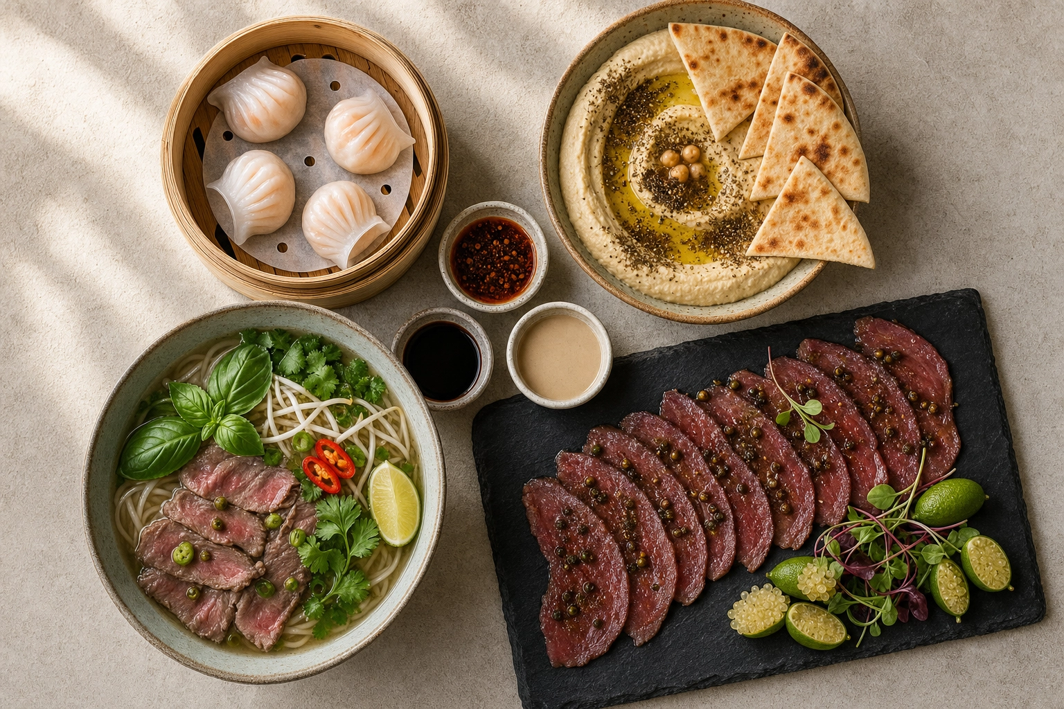 Sydney multicultural food flat lay with Cantonese, Lebanese, Vietnamese, and Modern Australian dishes together