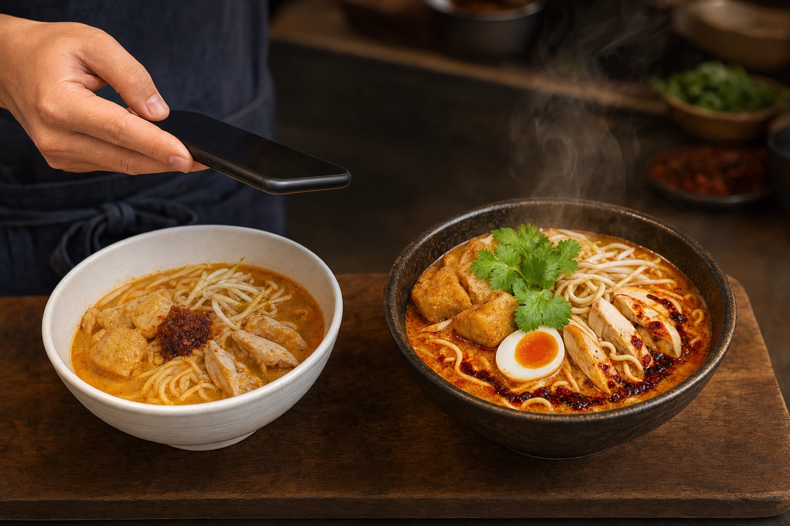 Phone snap versus styled editorial laksa dish side by side showing AI food photography transformation concept