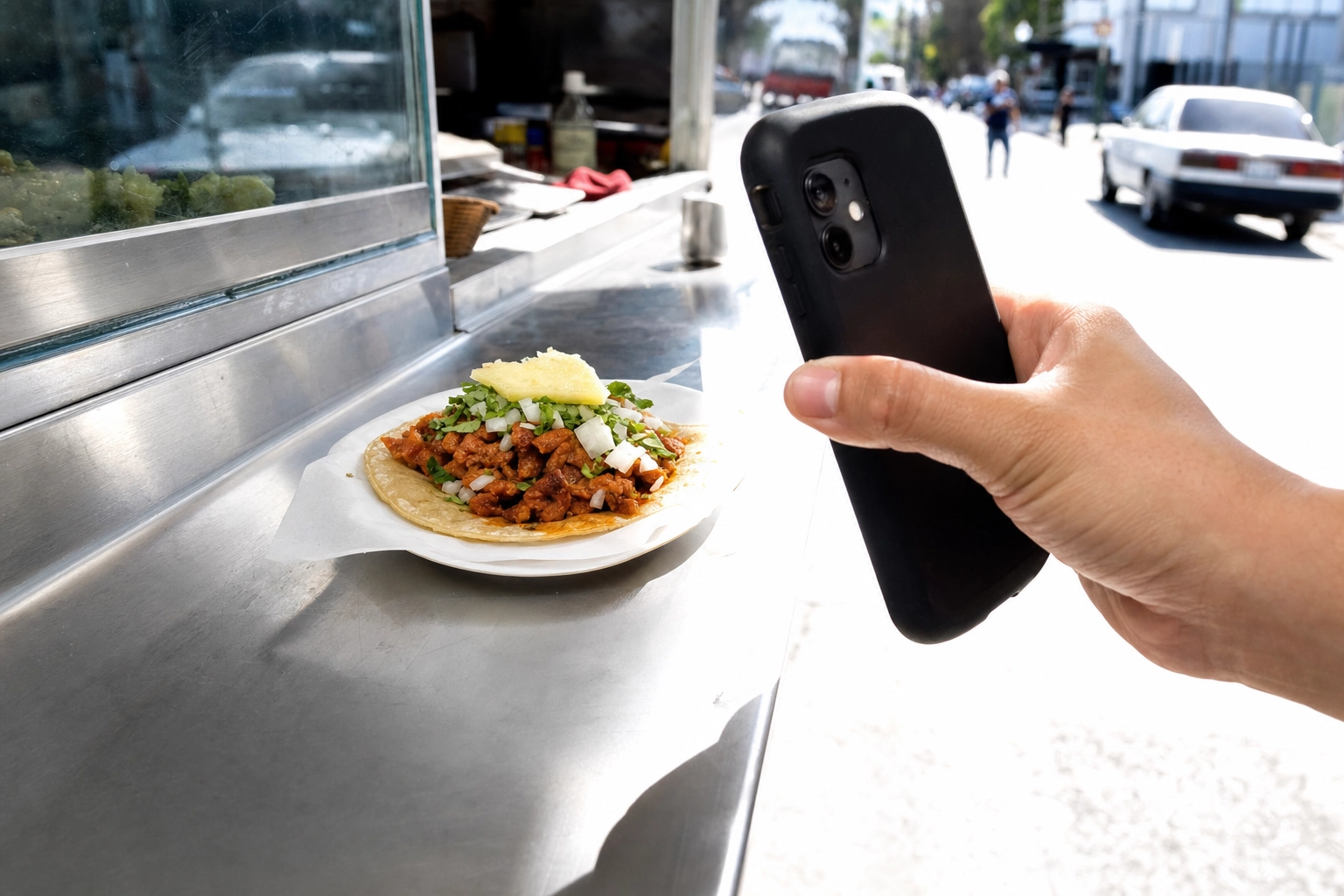 Operator photographing a taco with a phone in harsh midday street light beside a food truck