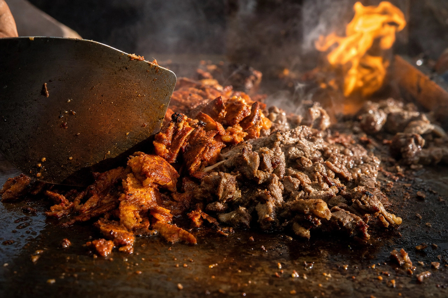Al pastor and carne asada cooking on a taco truck flat-top griddle