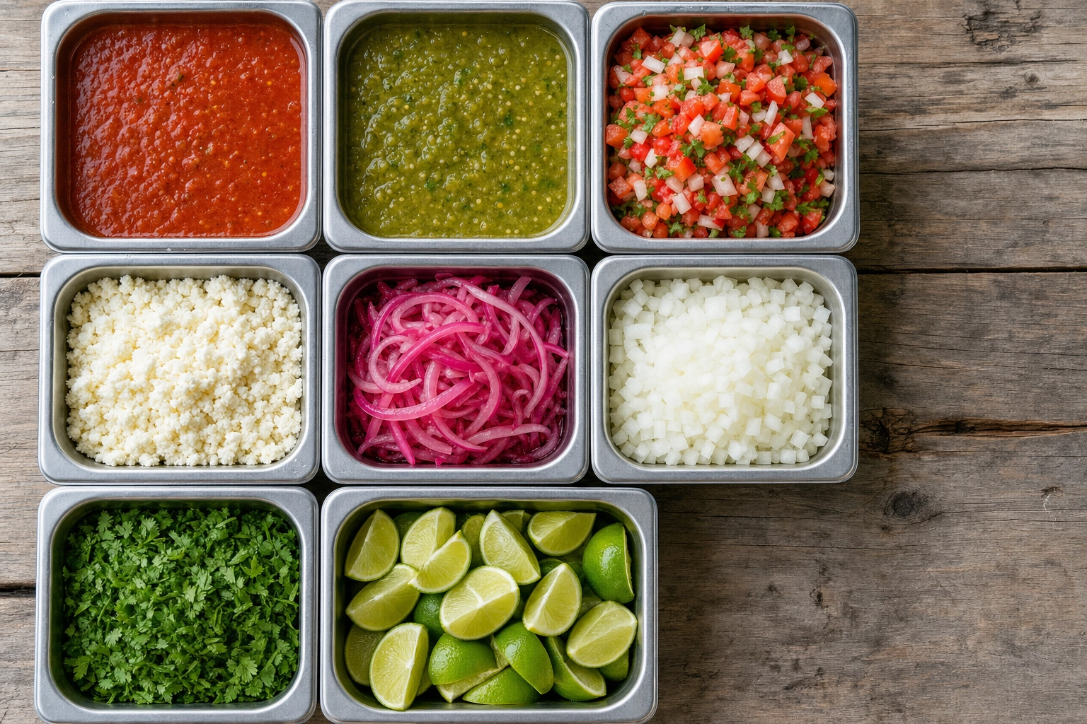 Overhead view of house salsas, diced onion and cilantro toppings on a taco truck