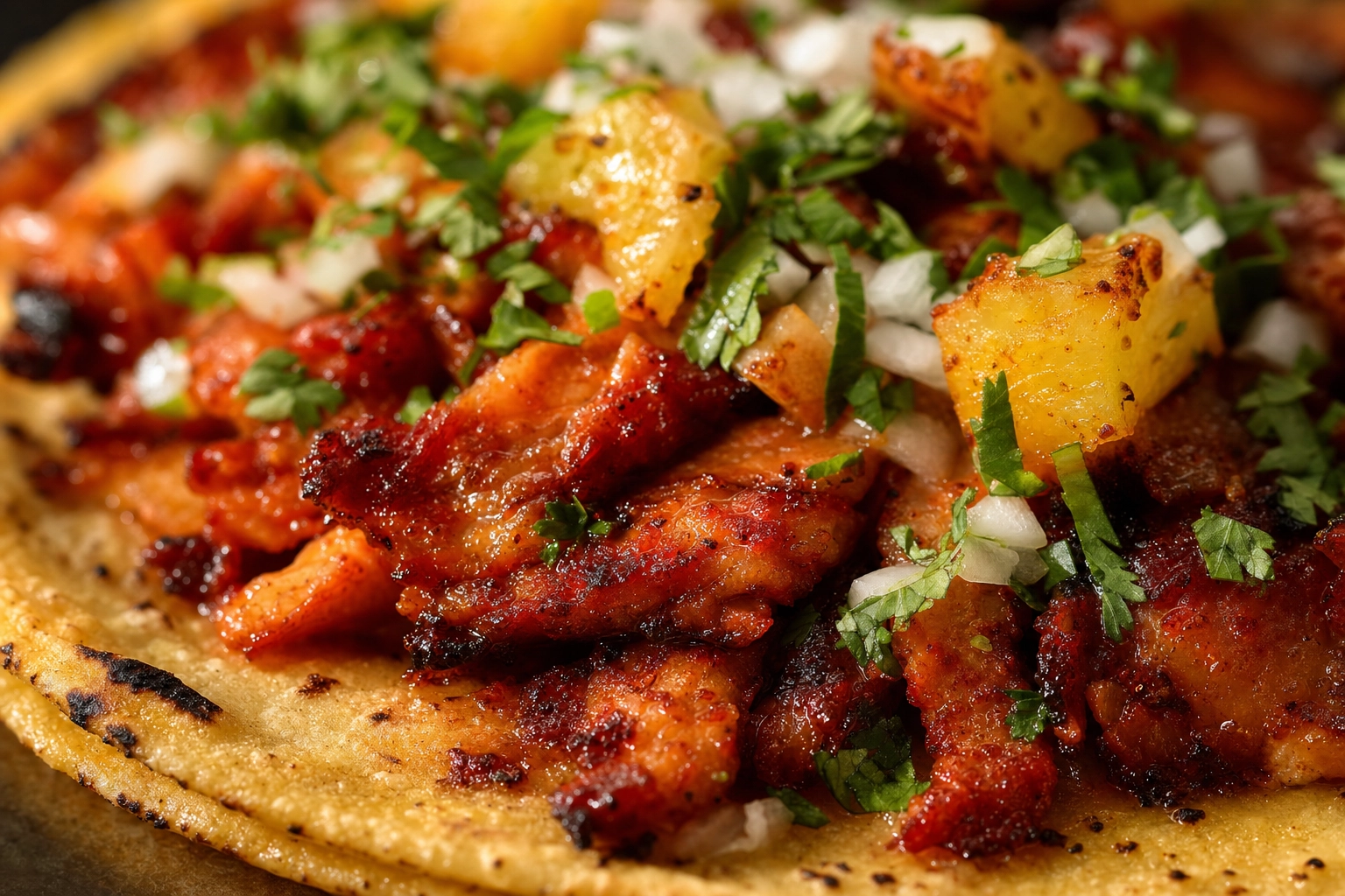 Macro close-up of an al pastor taco showing tortilla char, meat glisten and pineapple, taco texture detail