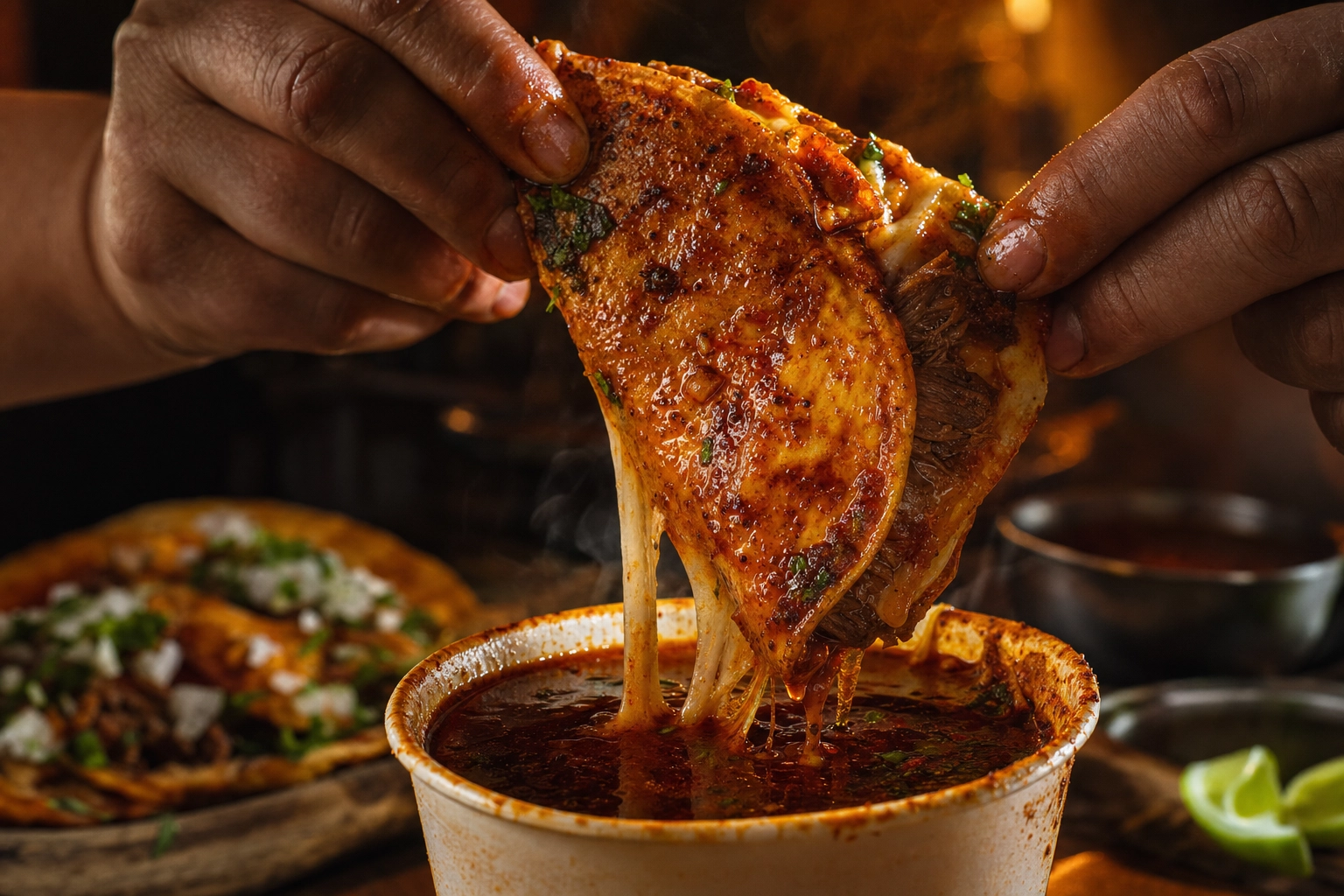 Hands dipping a quesabirria taco into red consommé with a melted cheese pull, birria taco action shot