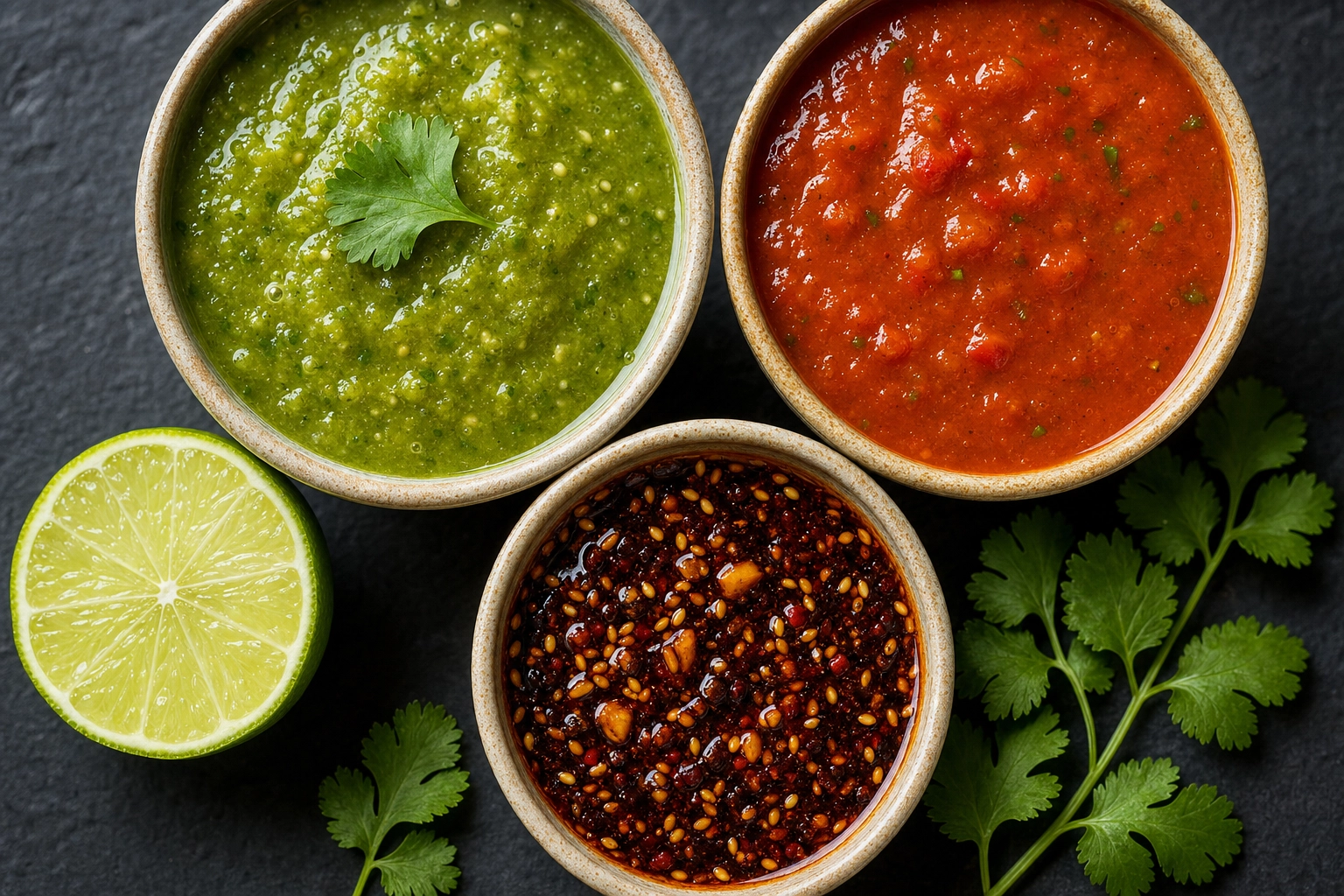 Three Mexican salsas — verde, roja and salsa macha — in ramekins showing accurate color and gloss, salsa photography