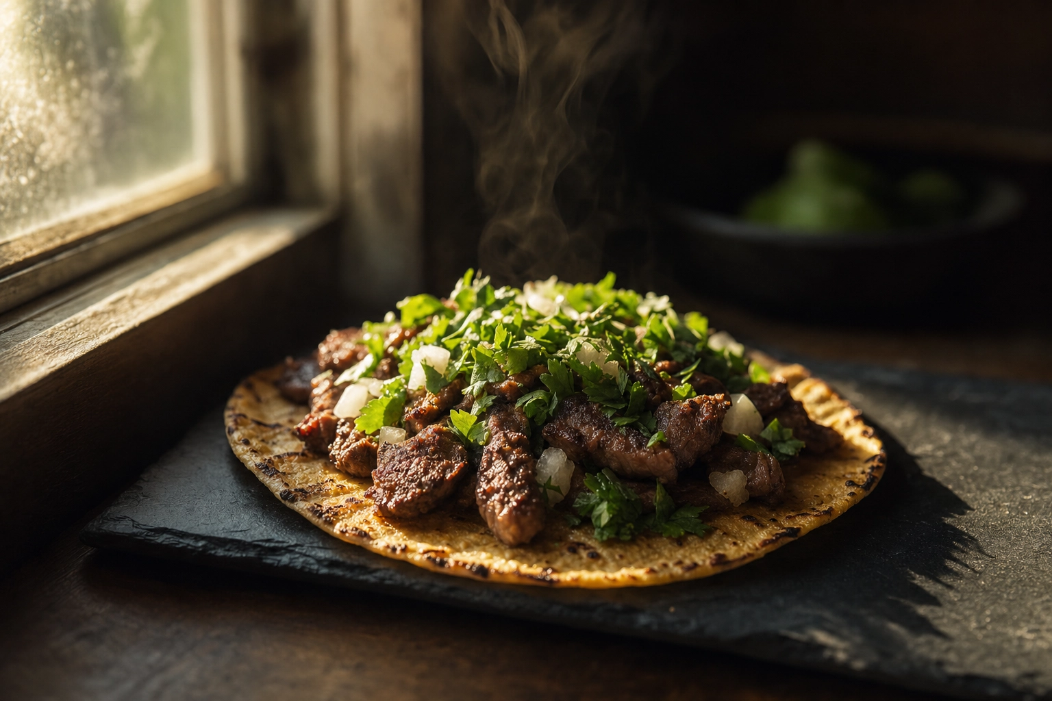 Single taco lit by warm side window light revealing tortilla char and meat texture, taco lighting demonstration