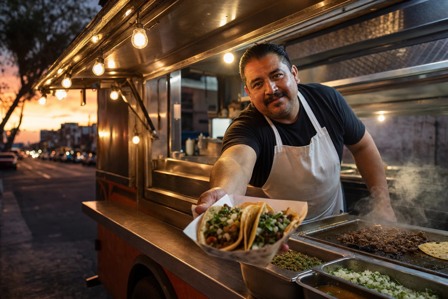 Taco truck at dusk with a taquero handing tacos through the lit service window, taco truck context shot