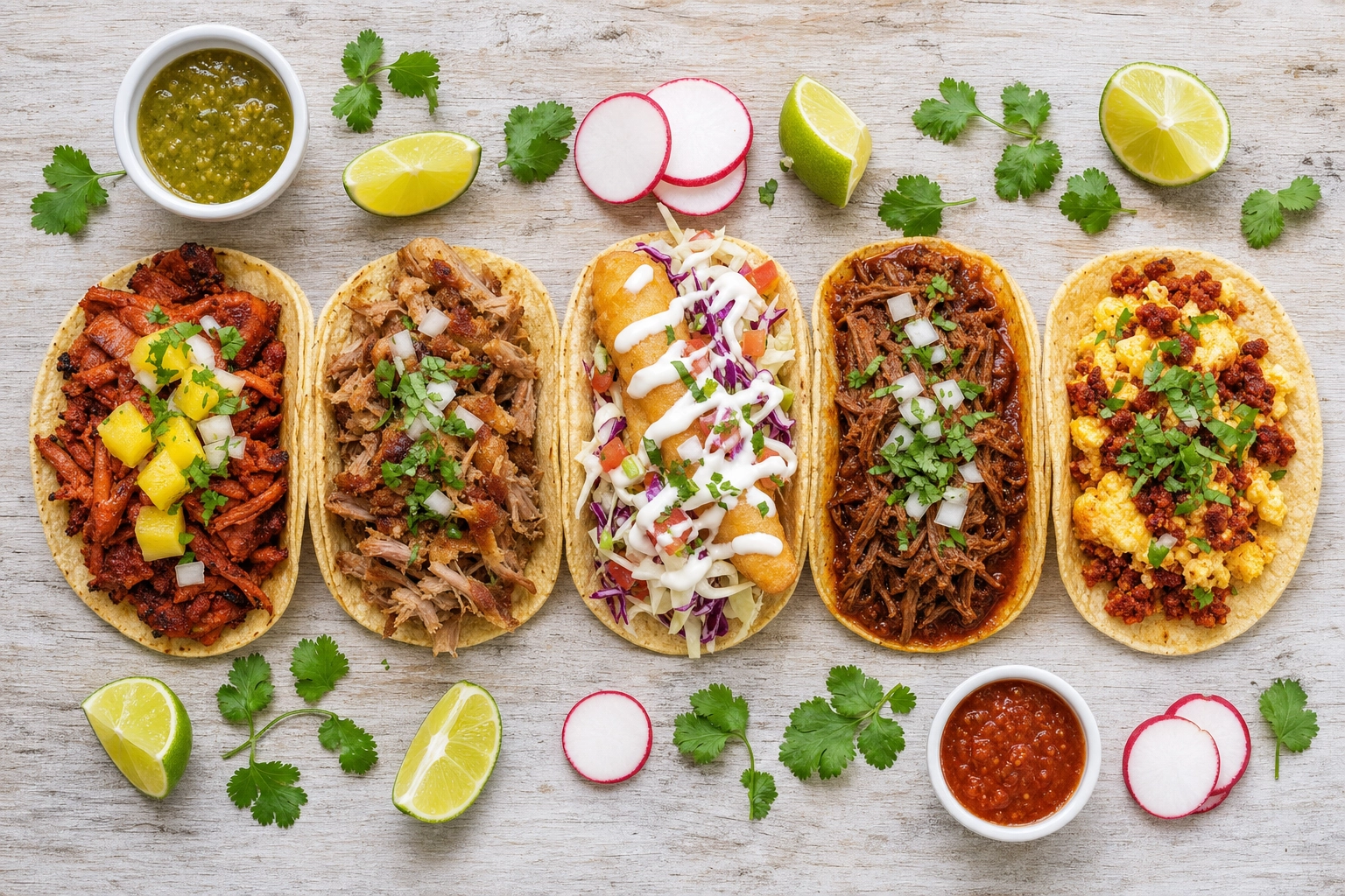 Top-down flat-lay of five taco varieties — al pastor, carnitas, fish, birria and breakfast — for menu photography